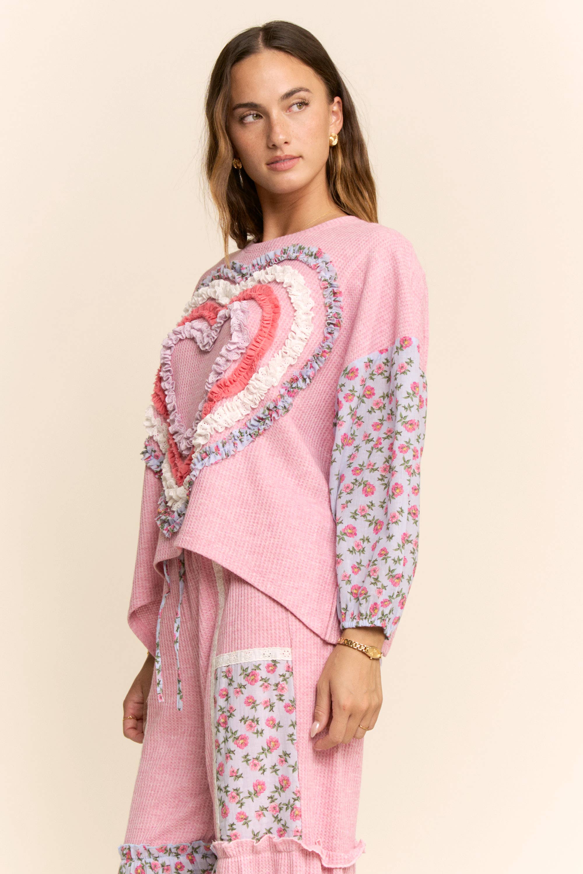 WAFFLE KNIT FLOWER PRINT LACE ELASTIC WAIST PANT