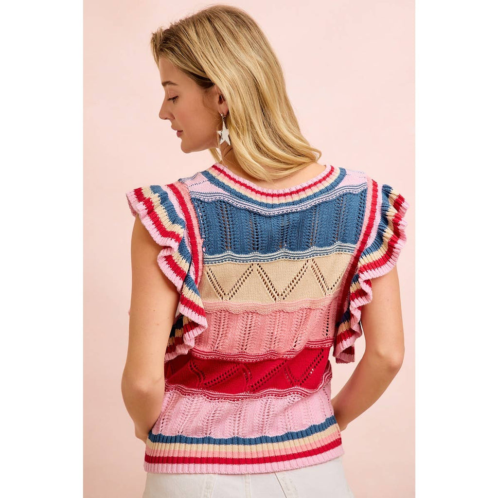 4TH OF JULY THEME MULTI COLORS RUFFLED SLEEVES TOP
