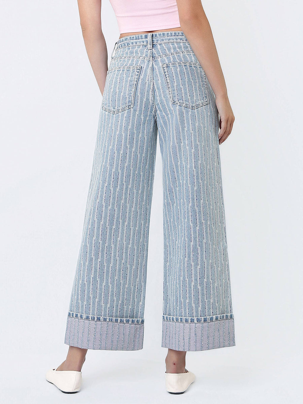 SUPER HIGH RISE CUFFED STRIPED WIDE LEG JEANS