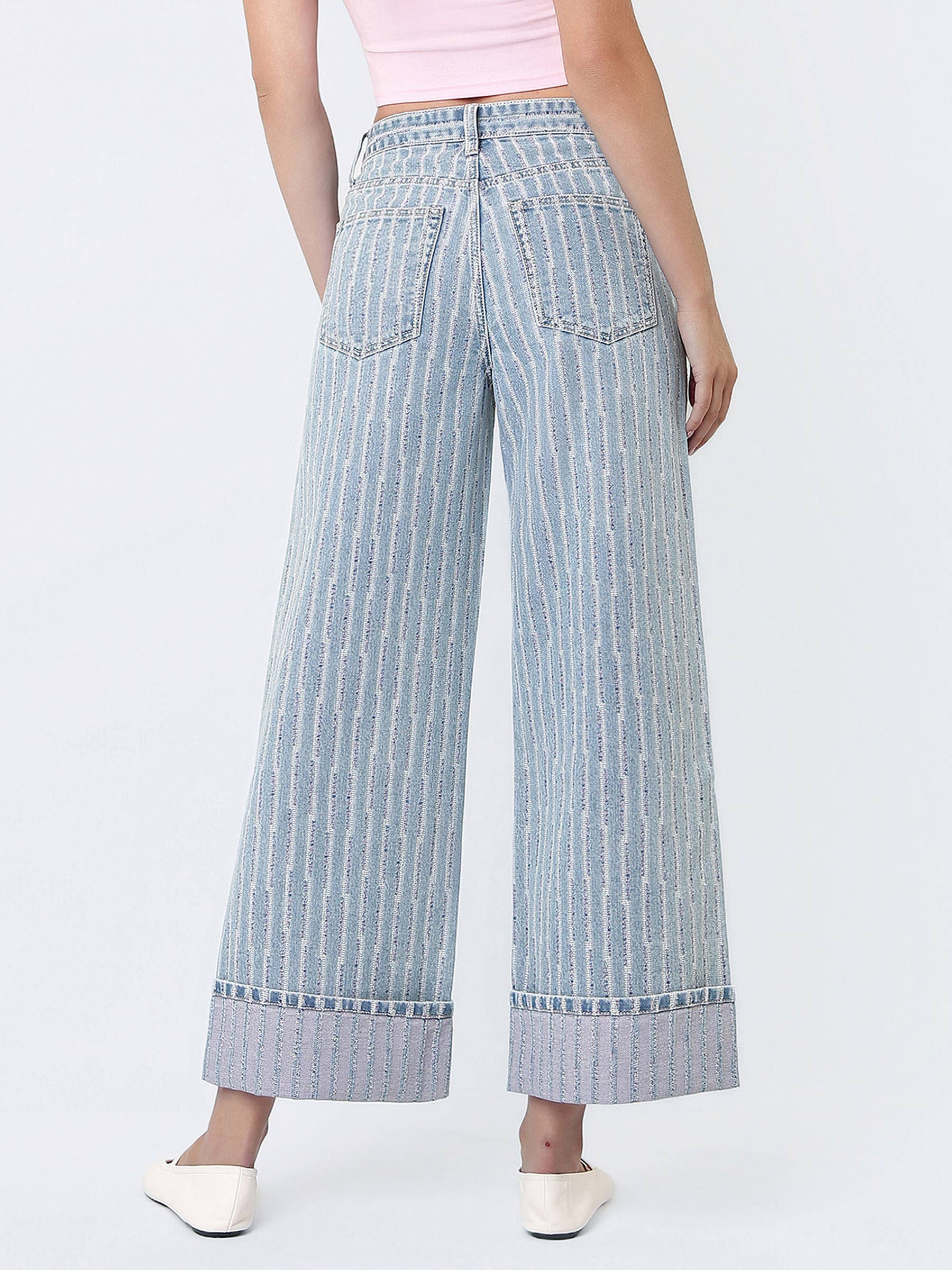SUPER HIGH RISE CUFFED STRIPED WIDE LEG JEANS