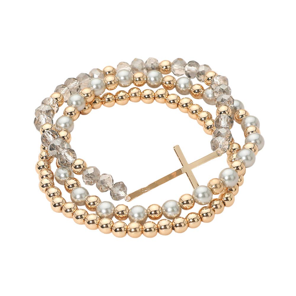 3PCS - Cross Charm Pearl Metal Ball Faceted Beaded Stretch Multi Layered Bracelets