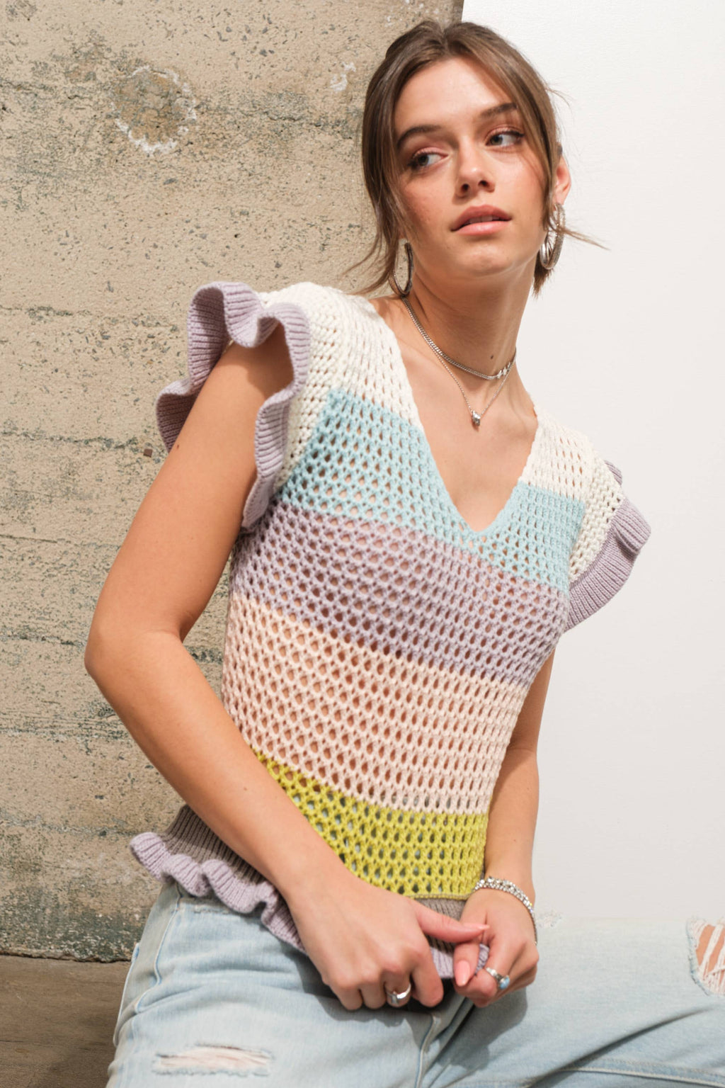 Crochet Knitted Multi Stripe Ruffle SLV Sweater Top