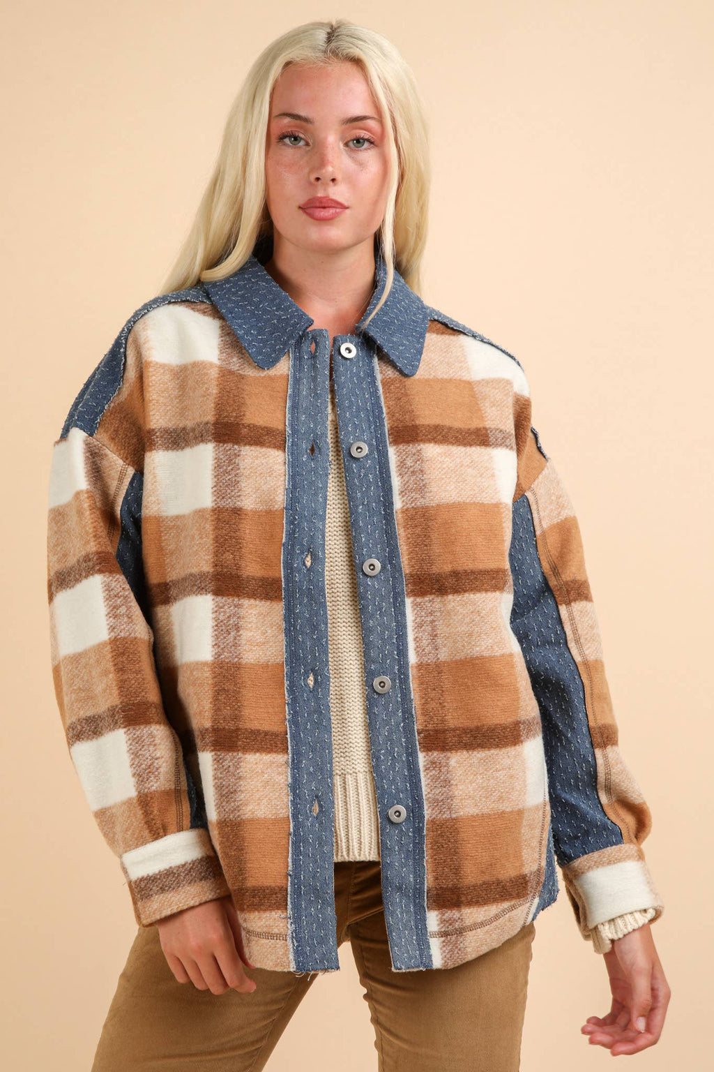 PLUS SIZE Denim Contrast Plaid Shacket Jacket