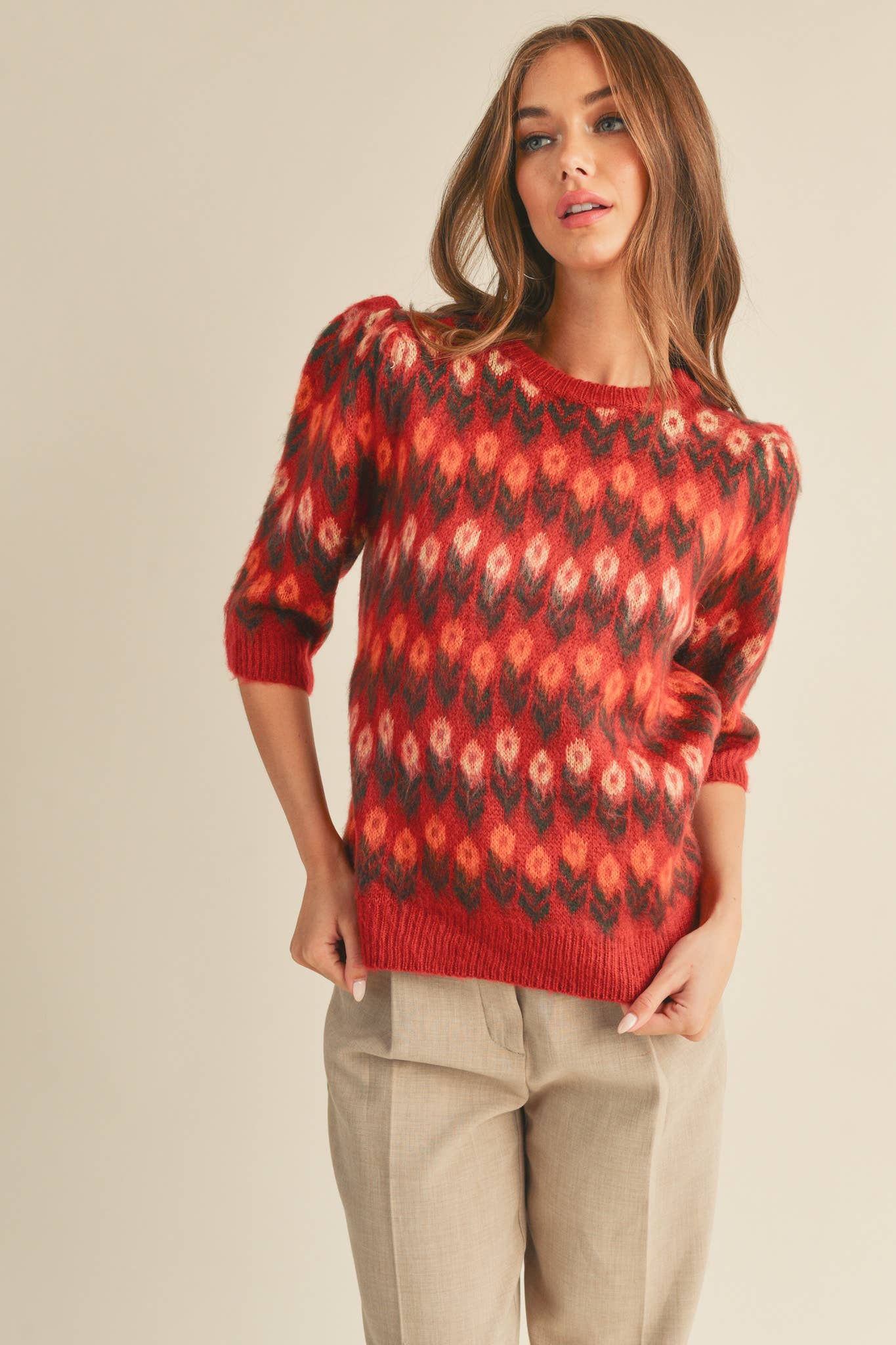 FLORAL KNIT SHORT PUFF SLEEVE SWEATER TOP