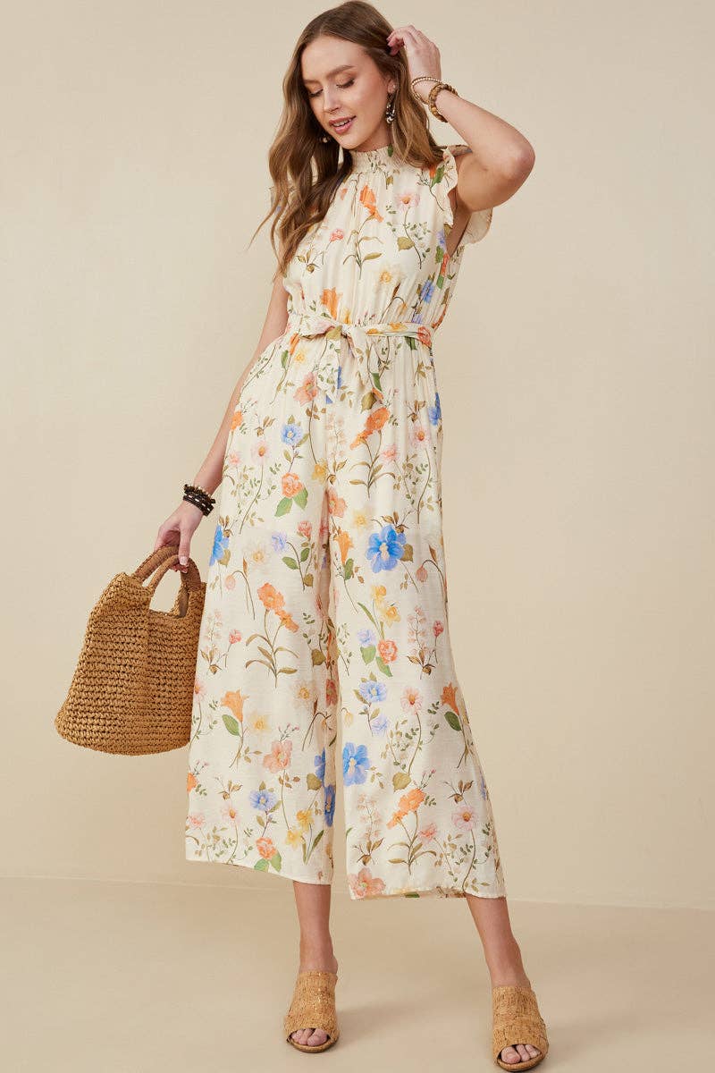 Womens Textured Floral Smock Neck Sleeveless Jumpsuit
