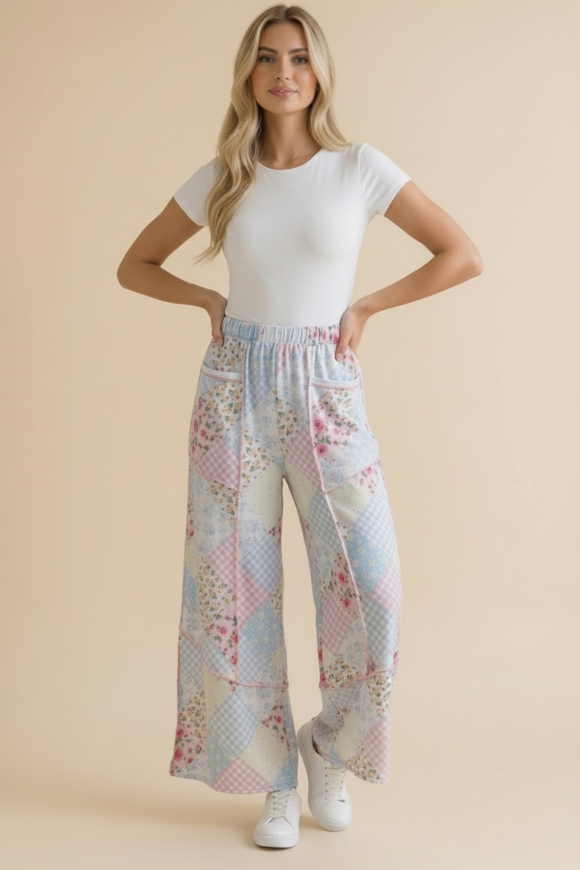 Floral Patchwork Reverse Stitch Wide Leg Pants