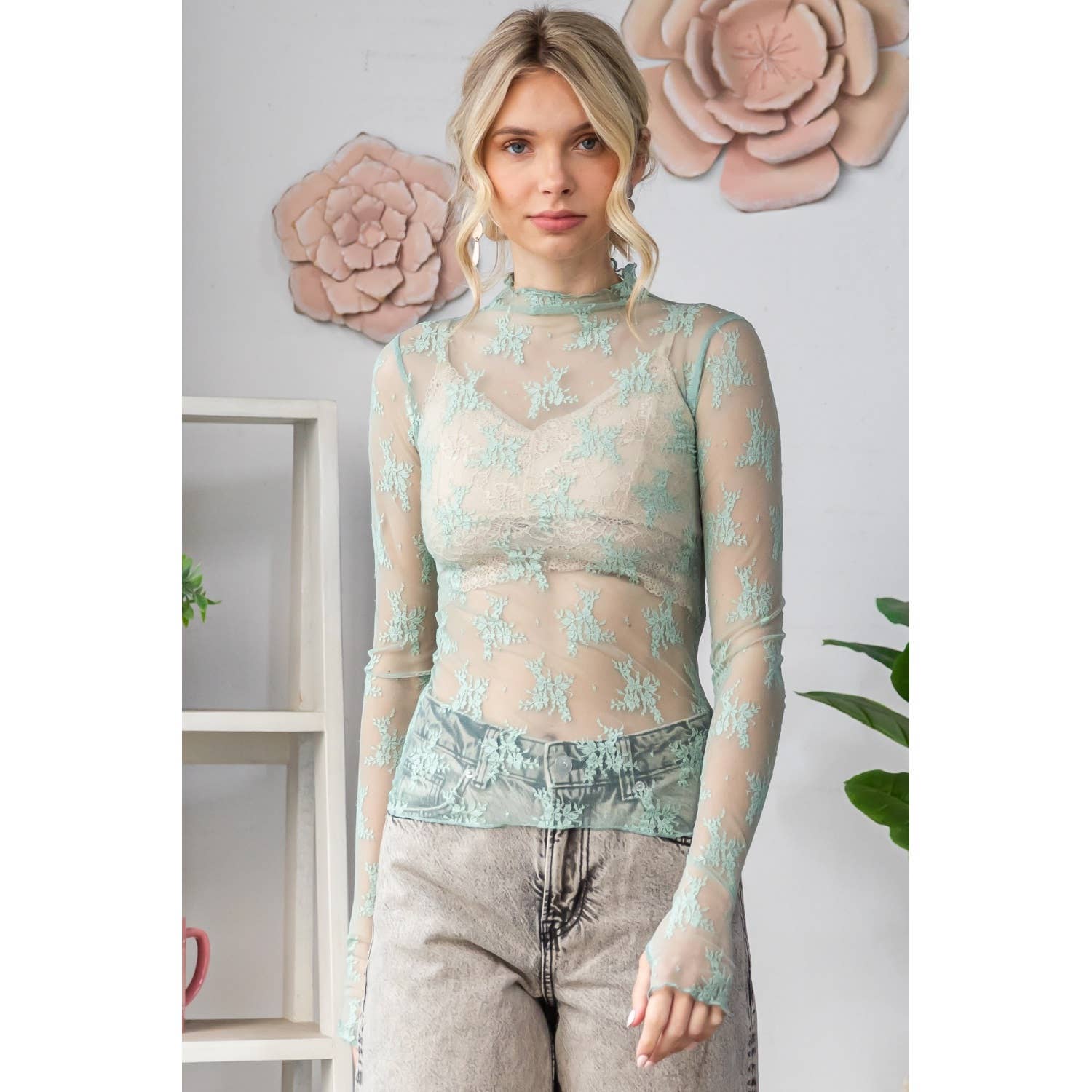 Lace Long Sleeve See Through Top