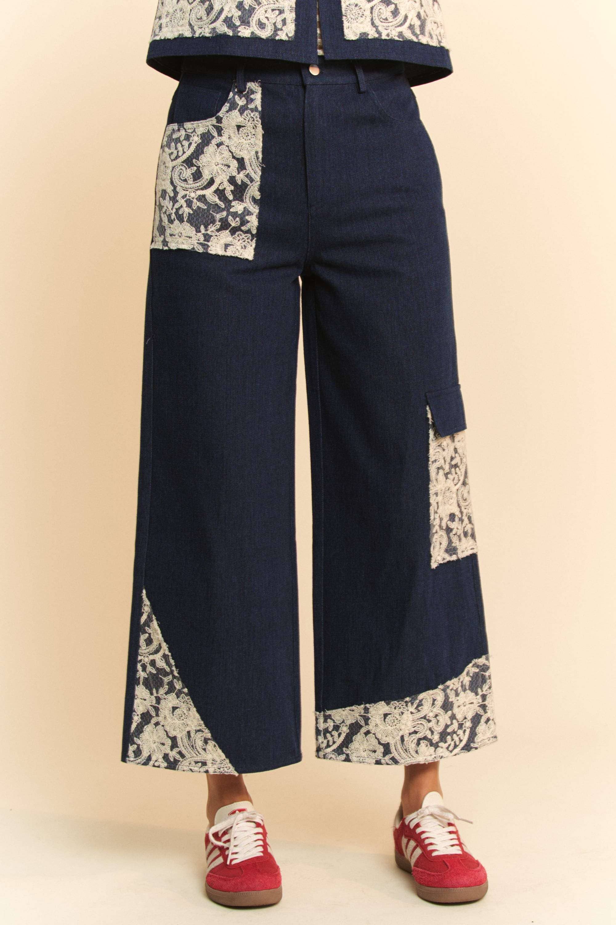 WIDE LEG DENIM PANTS WITH LACE APPLIQUE DETAILS