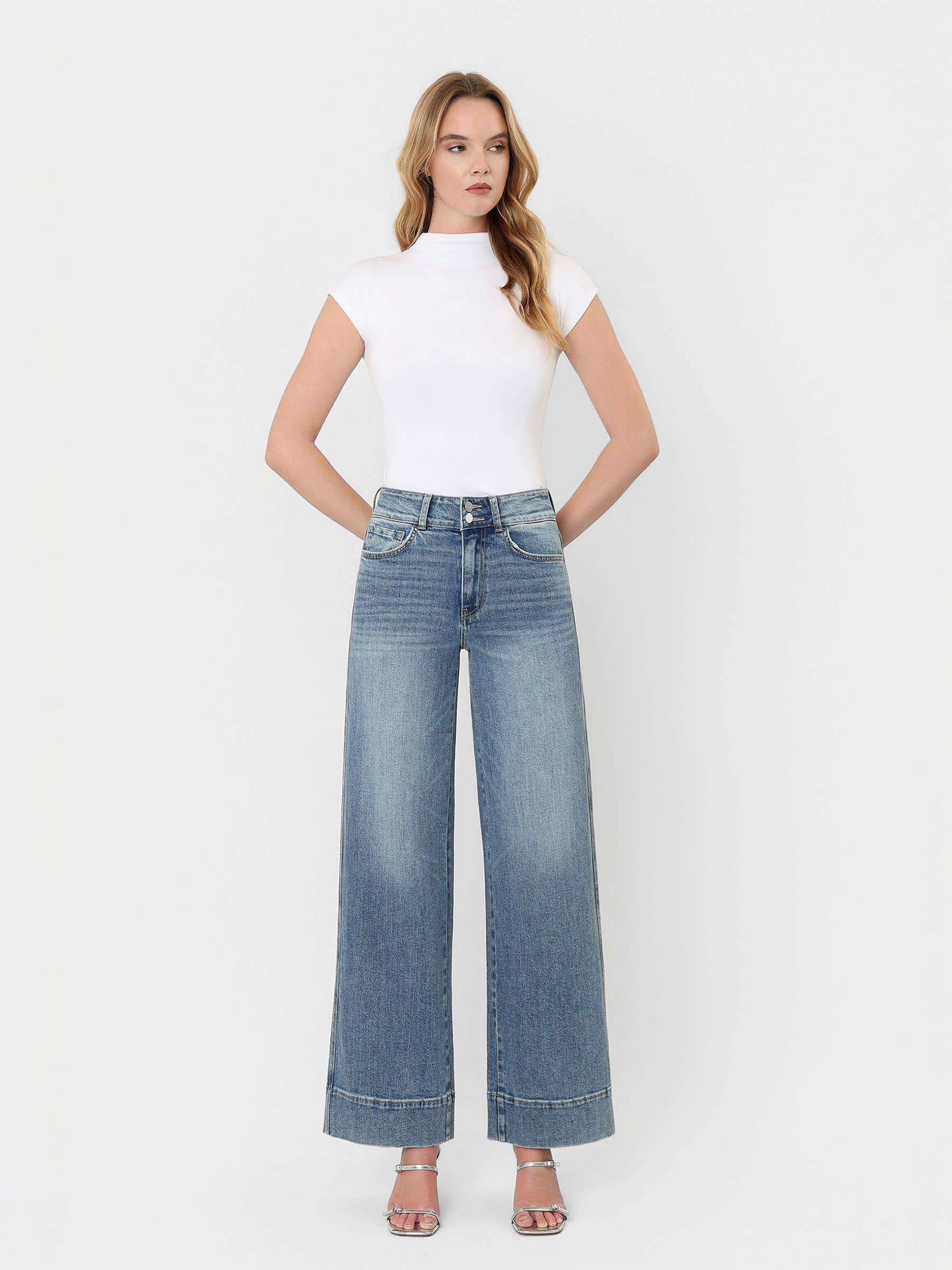 SUPER HIGH RISE HALF YOKE TROUSER HEM WIDE JEANS