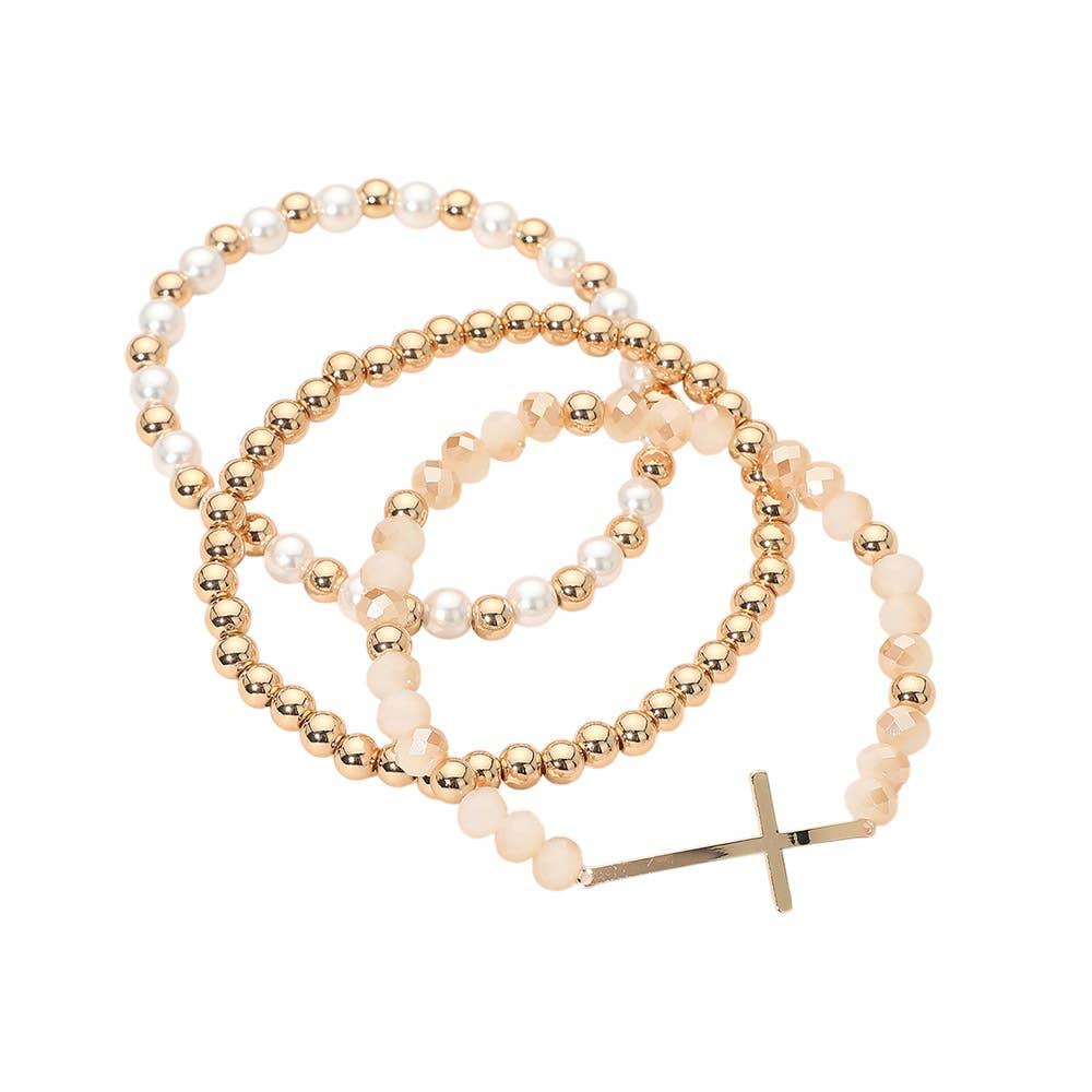 3PCS - Cross Charm Pearl Metal Ball Faceted Beaded Stretch Multi Layered Bracelets