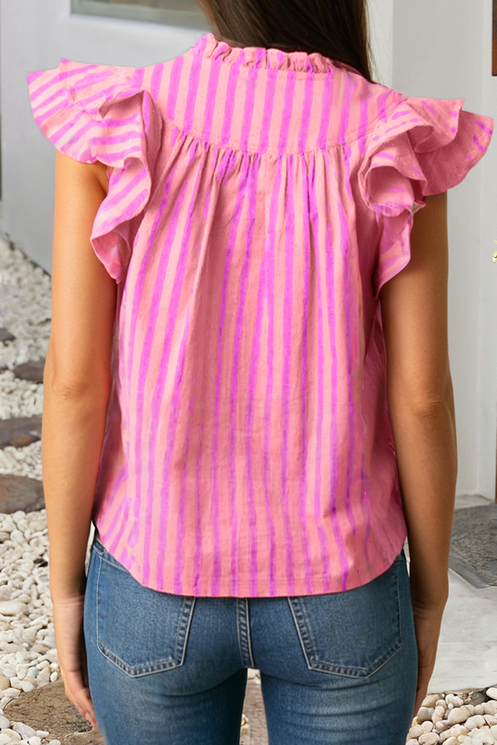 LDC Stripe Split Neck Ruffled Summer Blouse