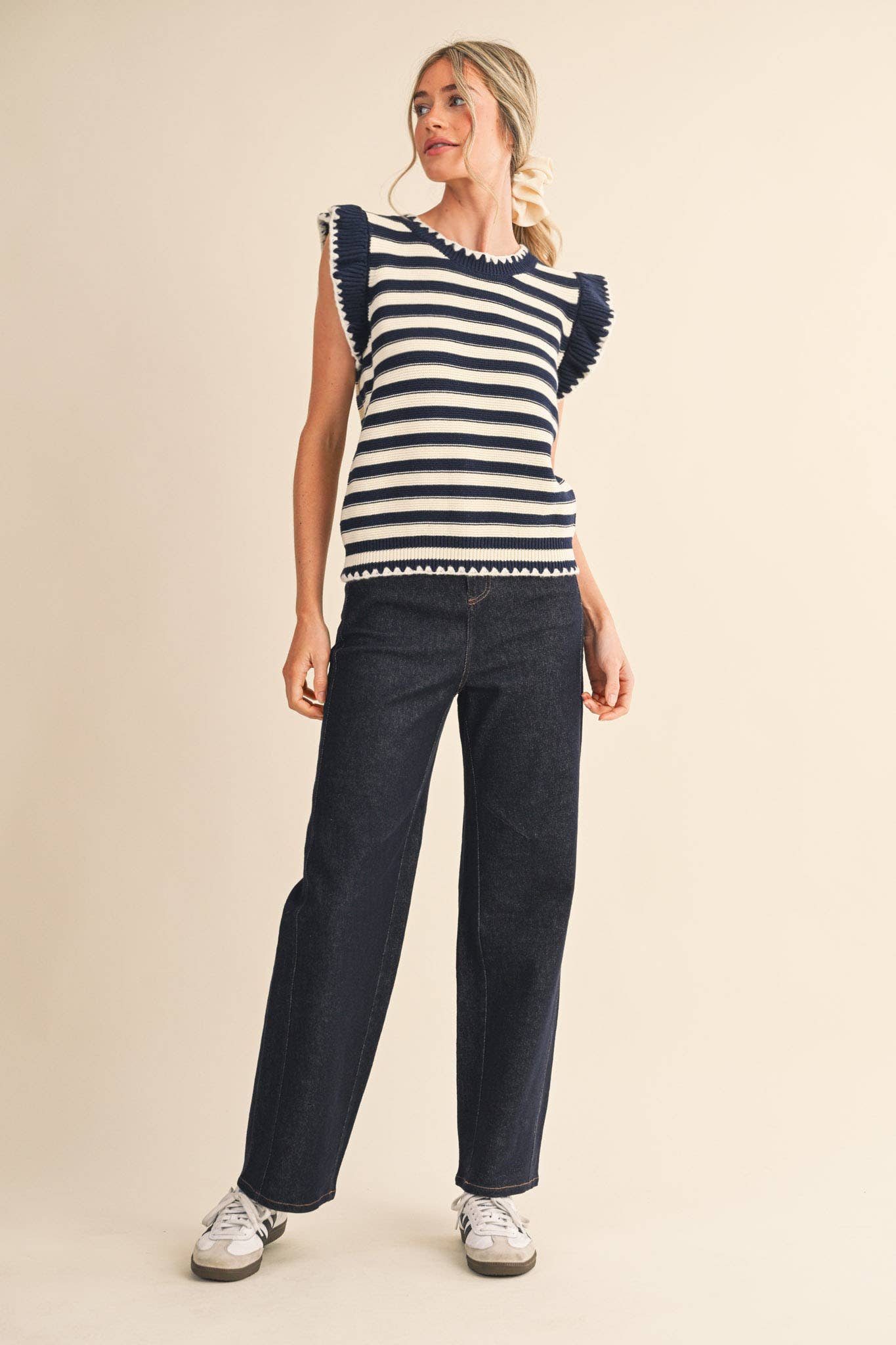 STRIPED FLUTTER SLEEVE SWEATER TOP