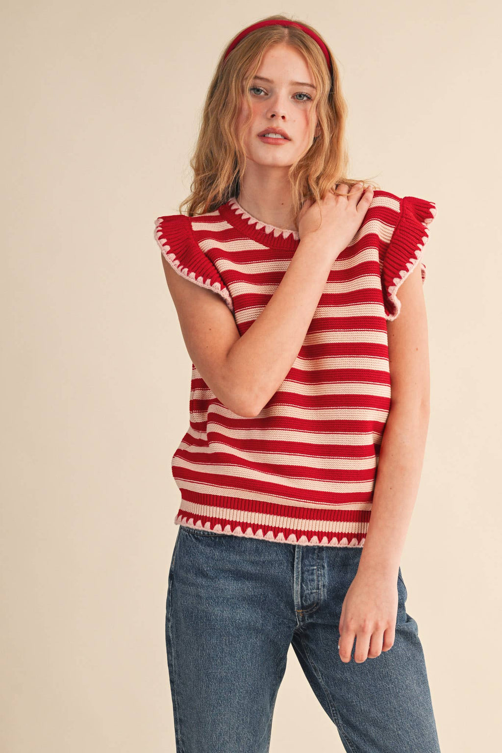 STRIPED FLUTTER SLEEVE SWEATER TOP