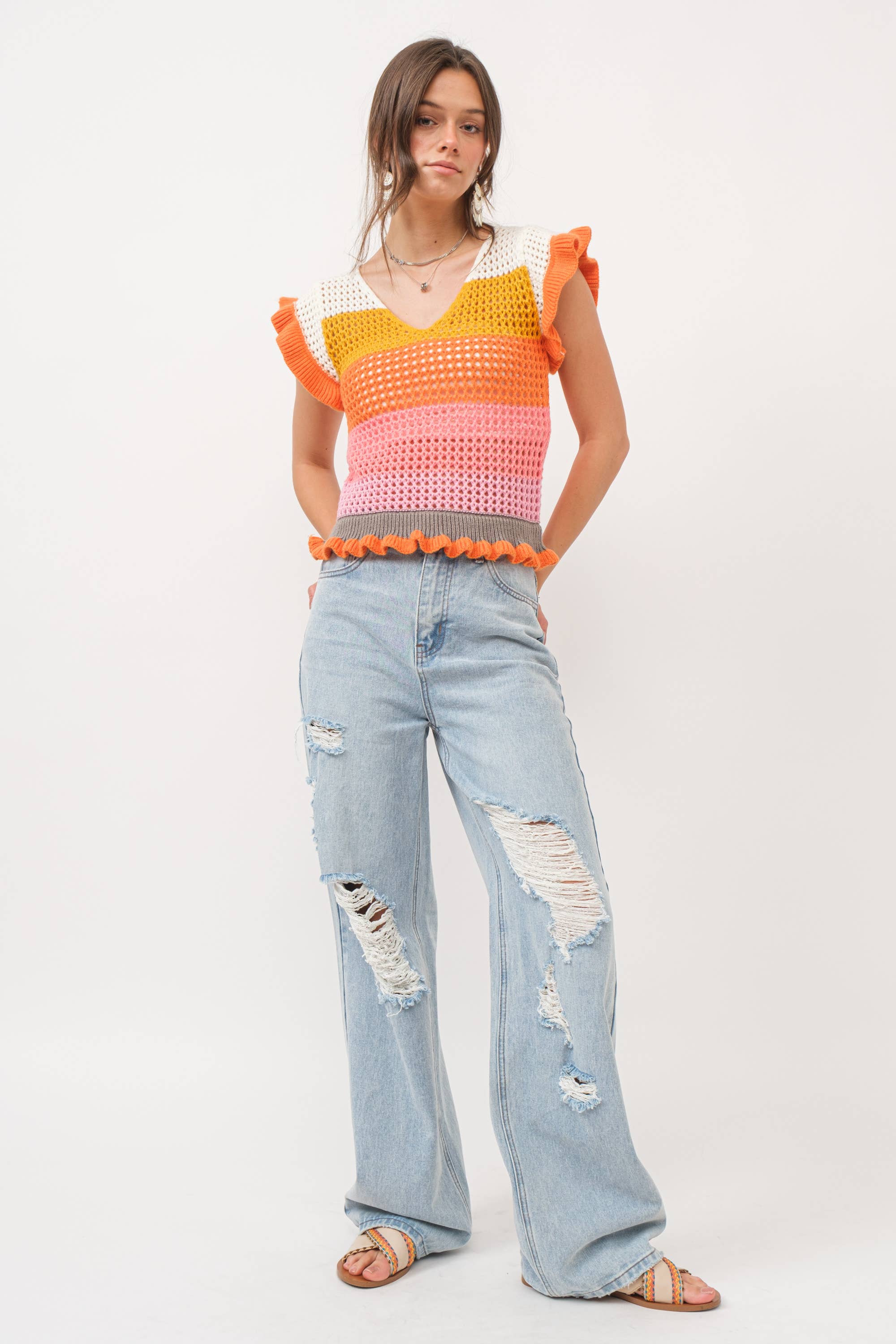 Crochet Knitted Multi Stripe Ruffle SLV Sweater Top