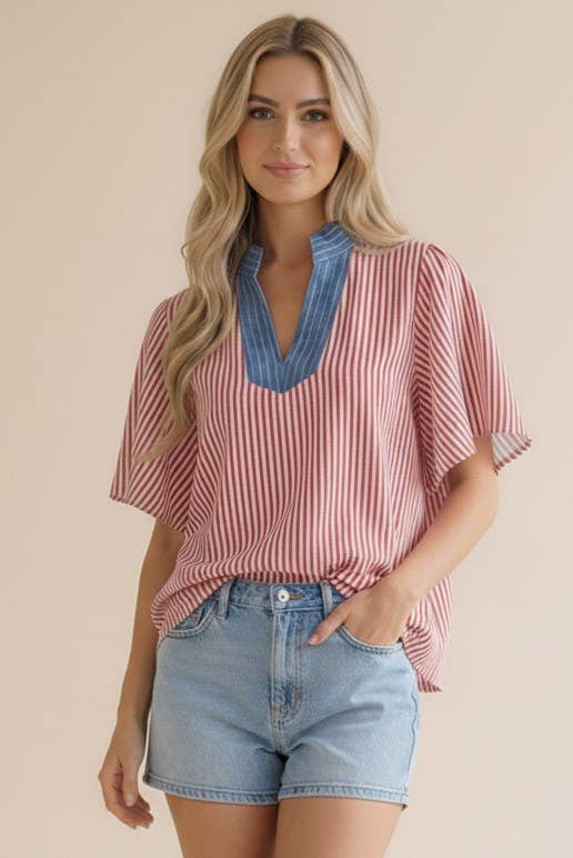 Plus Stitched Neck Band Flutter Sleeve Stripe Top