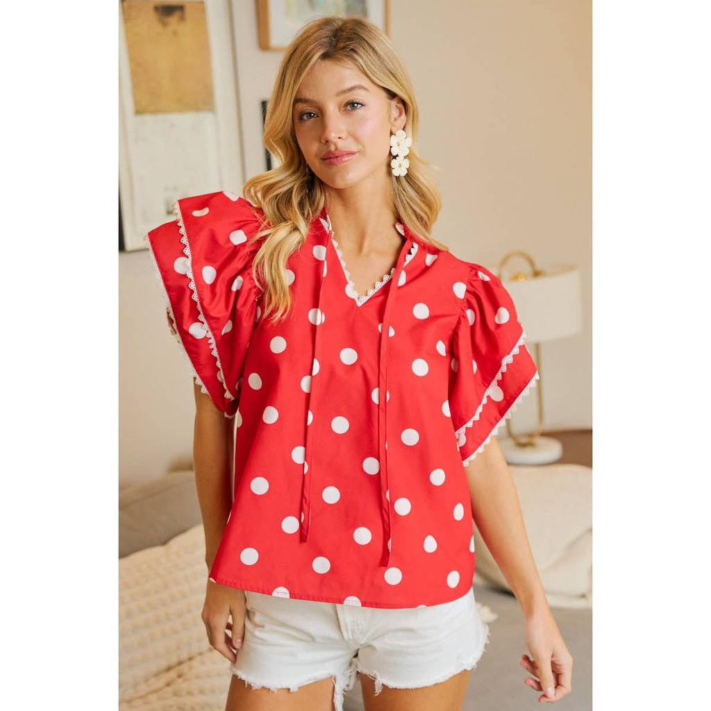 POLKA DOT PRINTED RUFFLE TRIM EDGE BLOUSE TOP