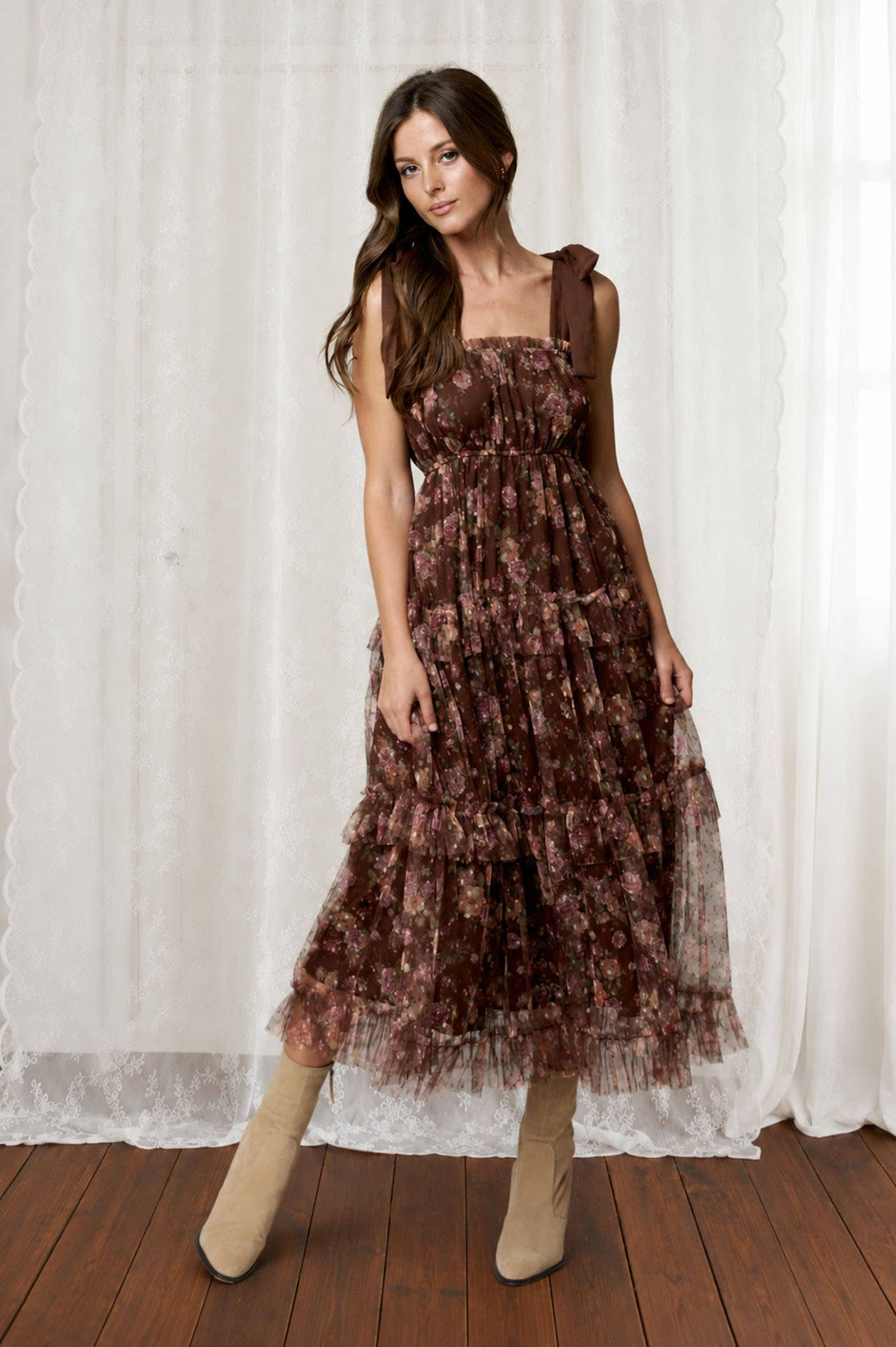 FLORAL CHIFFON TIE STRAP RUFFLED TIERED MIDI DRESS