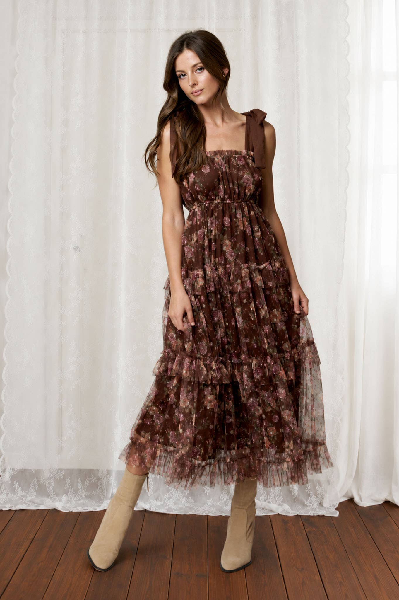 FLORAL CHIFFON TIE STRAP RUFFLED TIERED MIDI DRESS