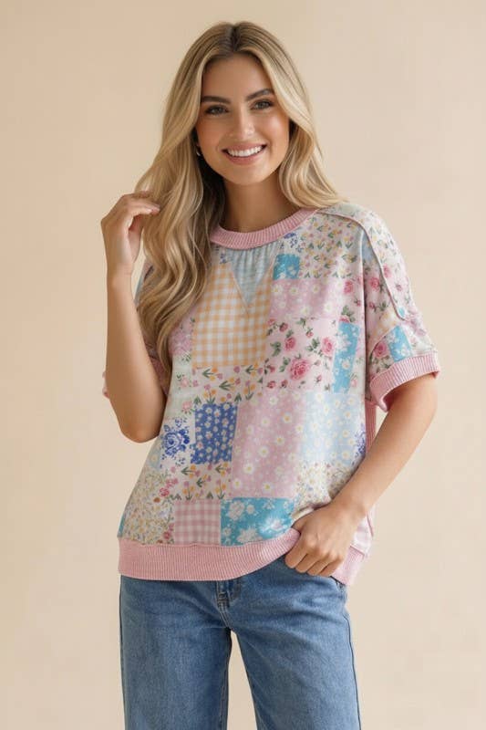 Plus Floral Patchwork Top With Triangle Detail