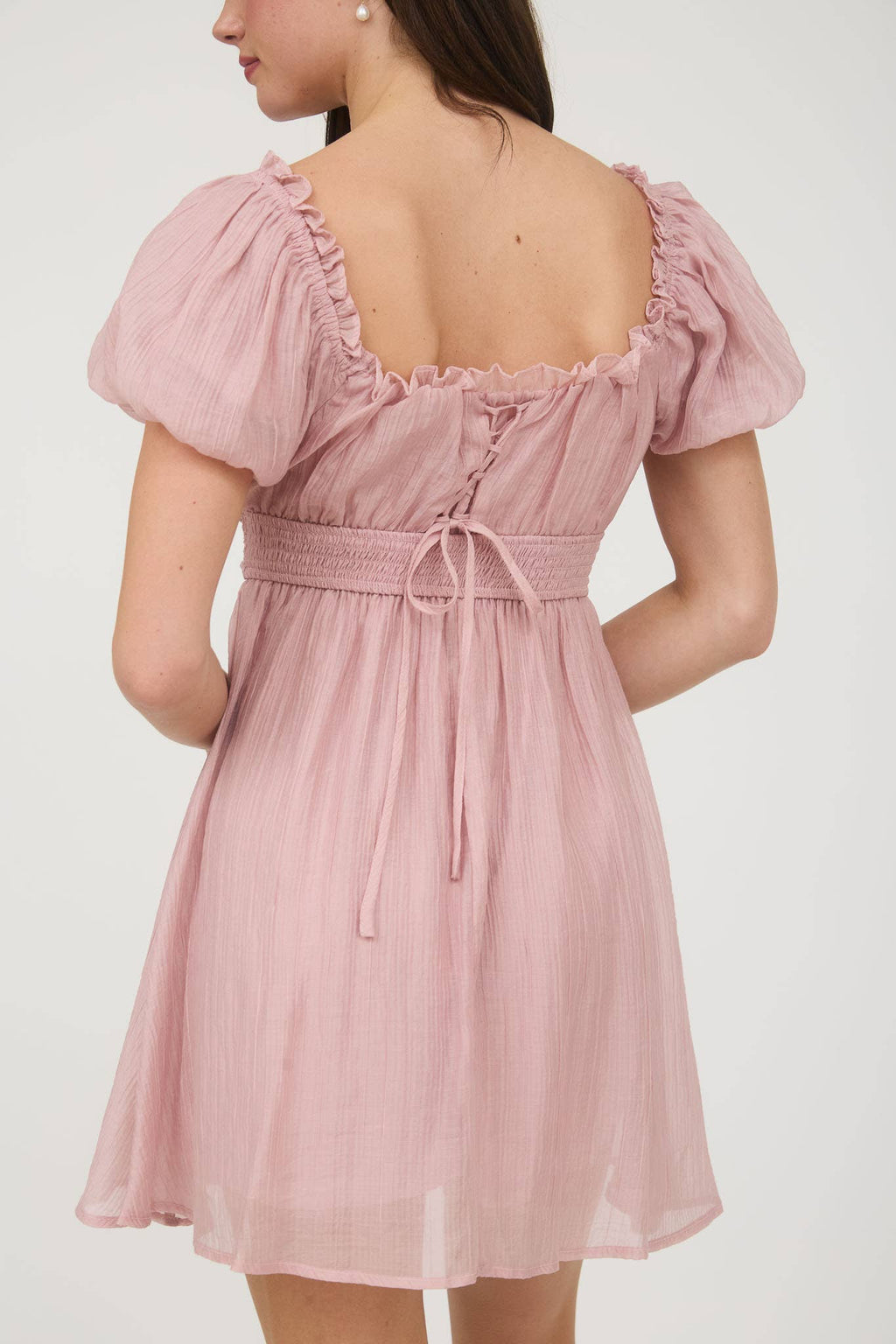 BALLOON SLEEVE RUFFLE TRIM BACK LACE UP MINI DRESS