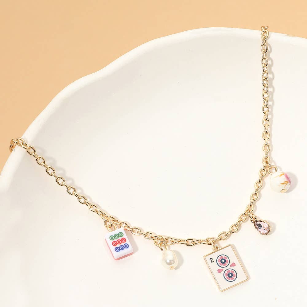 Mahjong Tile Pearl Stone Charm Necklace