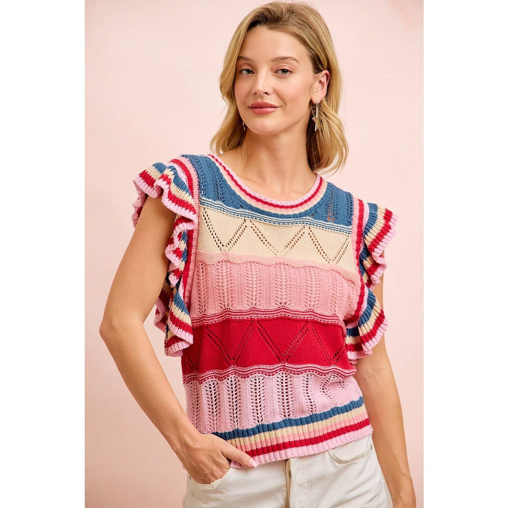 4TH OF JULY THEME MULTI COLORS RUFFLED SLEEVES TOP