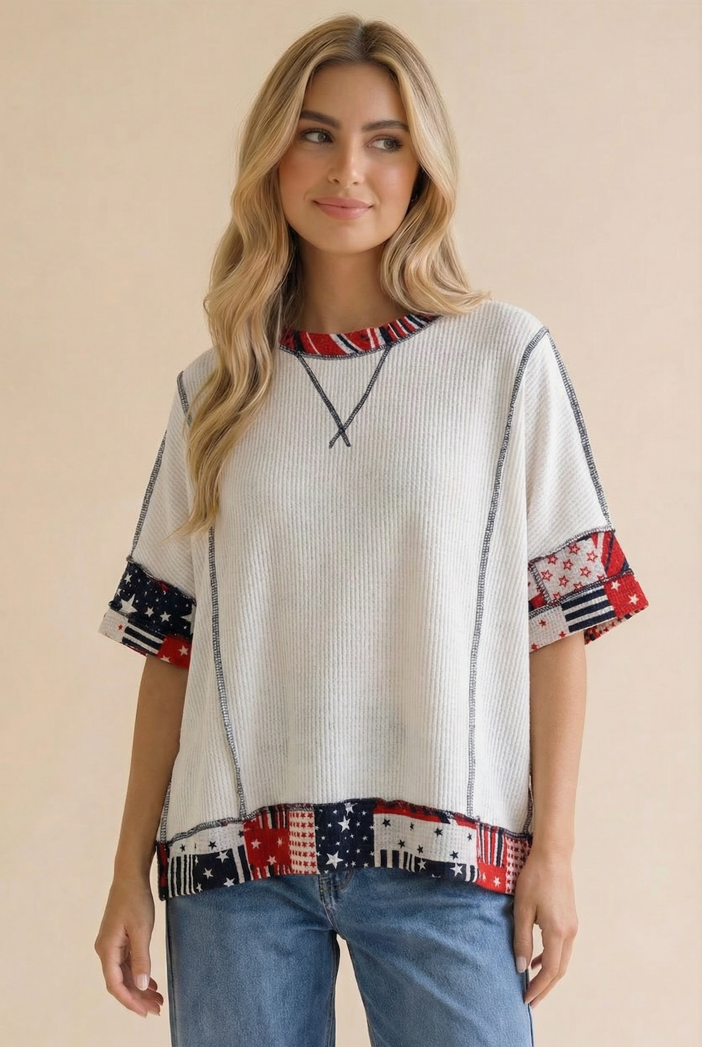 OVERSIZED PATRIOTIC COLOR BLOCK KNIT TOP