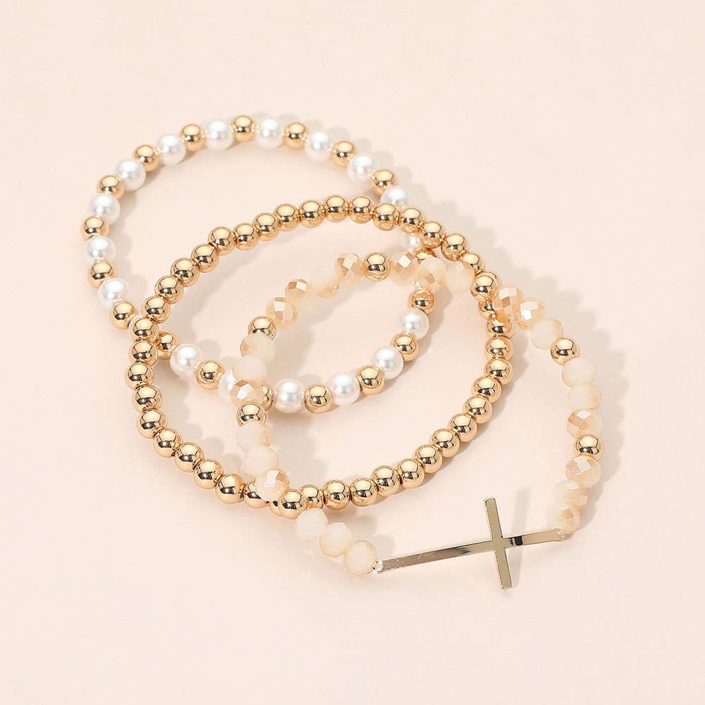 3PCS - Cross Charm Pearl Metal Ball Faceted Beaded Stretch Multi Layered Bracelets
