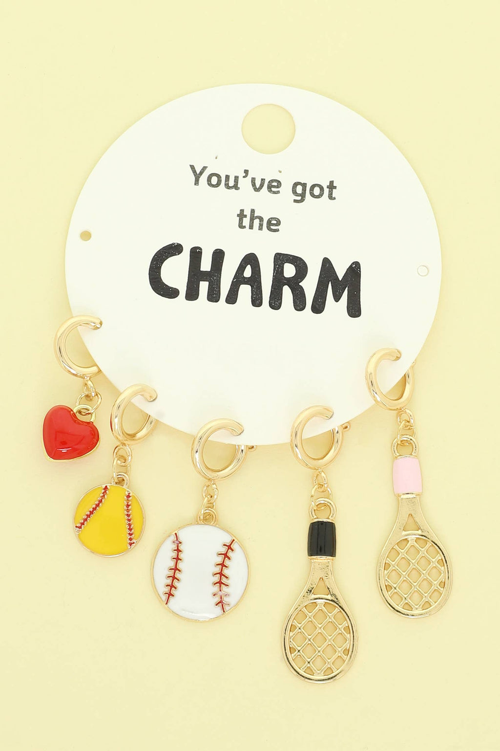 Epoxy Heart, Baseball, Softball, and Tennis Racket Charm Set