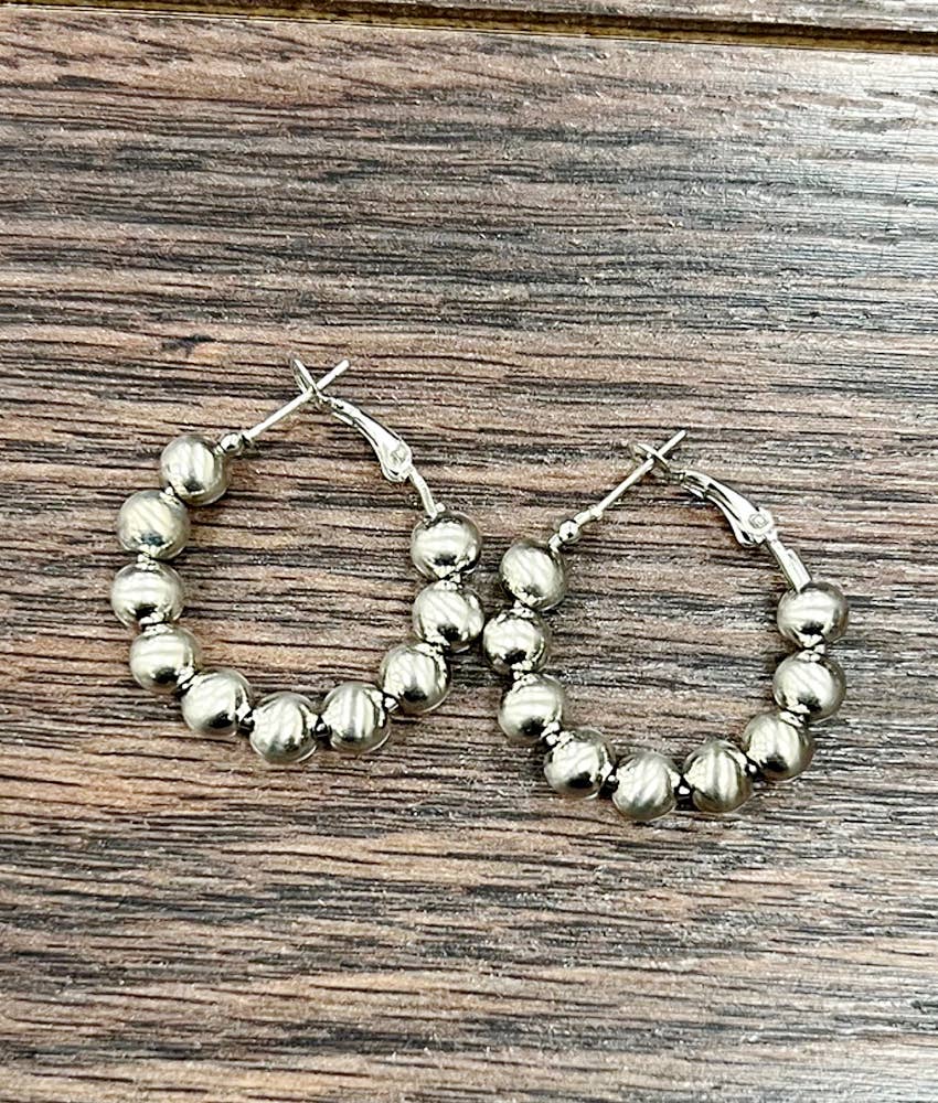 725522, Handmade 25mm Hoop, 6mm Silver Navajo Bead Earrings