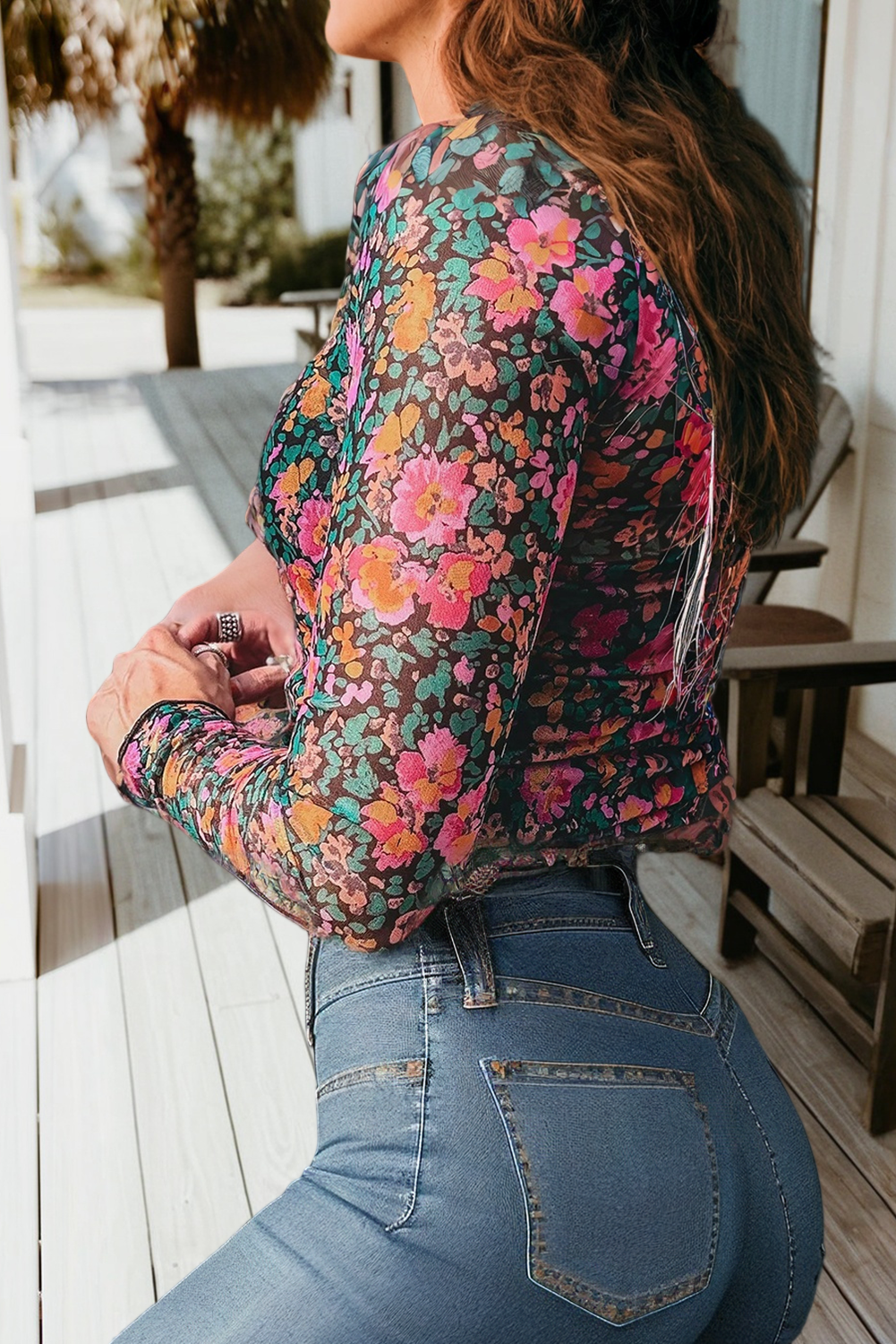 Floral Printed Mock Neck Mesh Short Sleeve Top