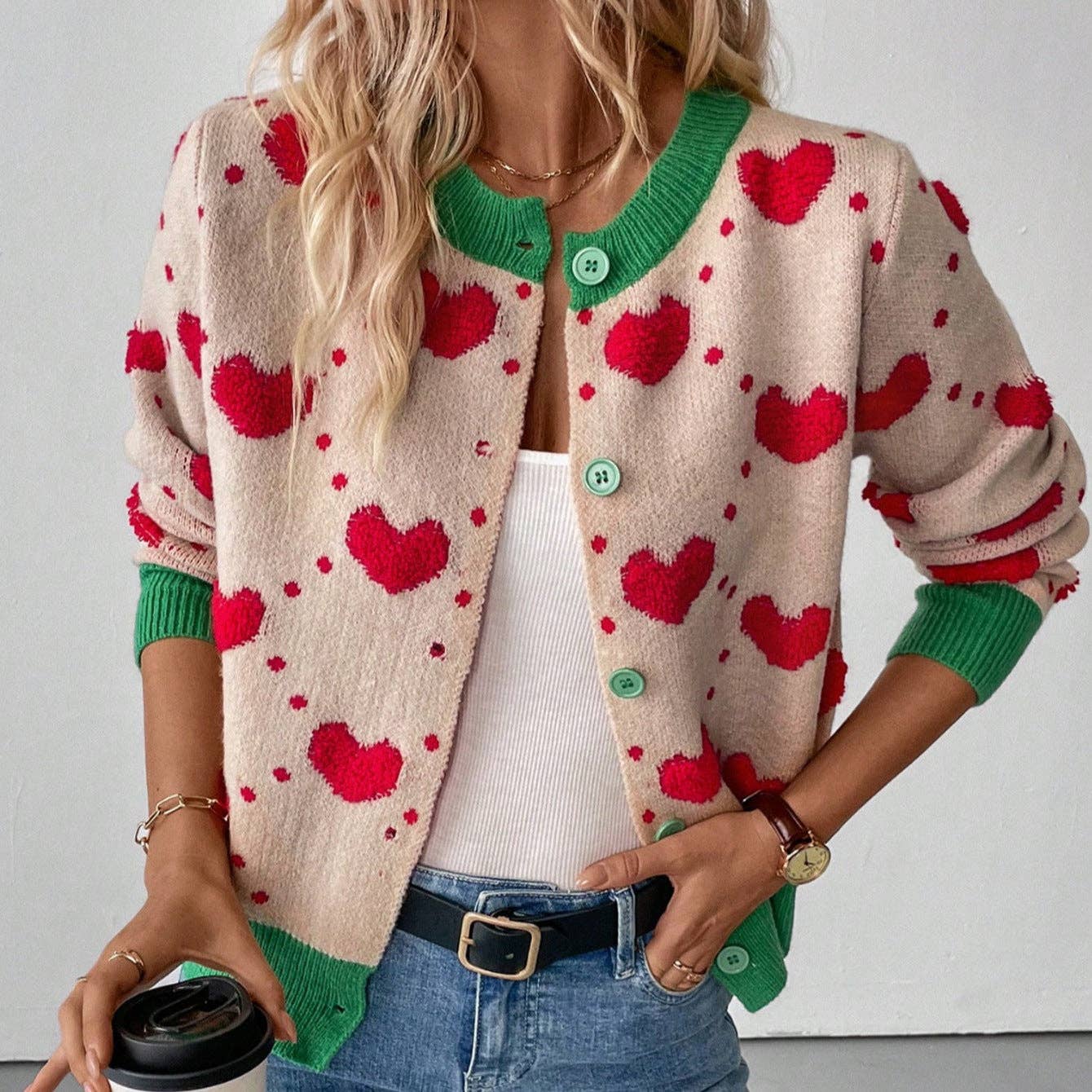 Valentine Day Heart Crochet Color Block Cardigan