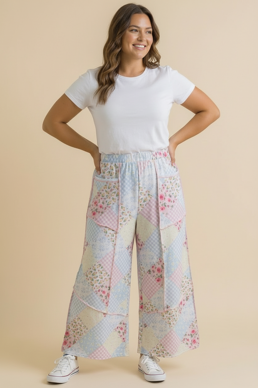 Plus Floral Patchwork Reverse Stitch Wide Leg Pant