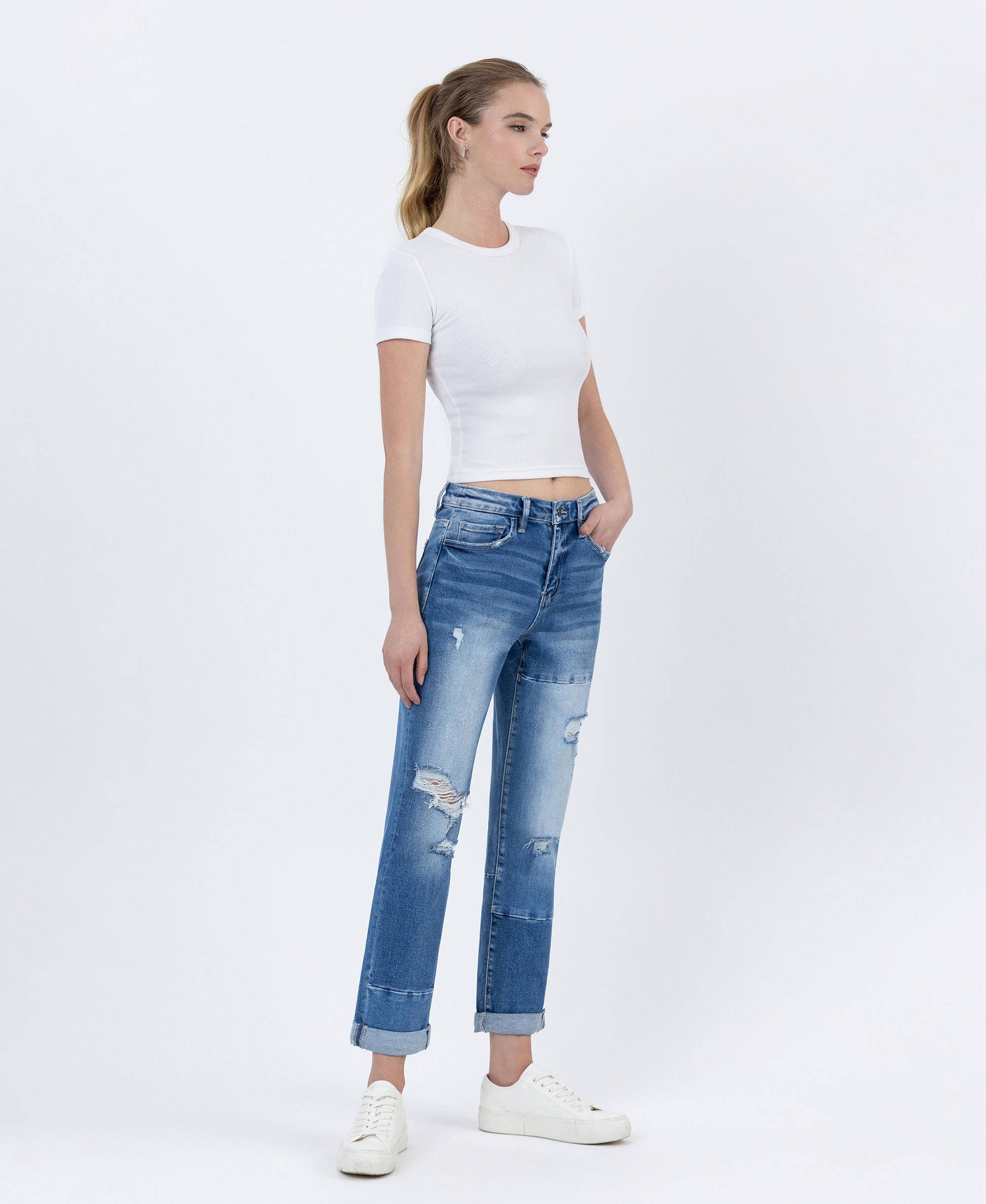 HIGH RISE COLOR BLOCK CUFFED BOYFRIEND JEANS - FLYING MONKEY