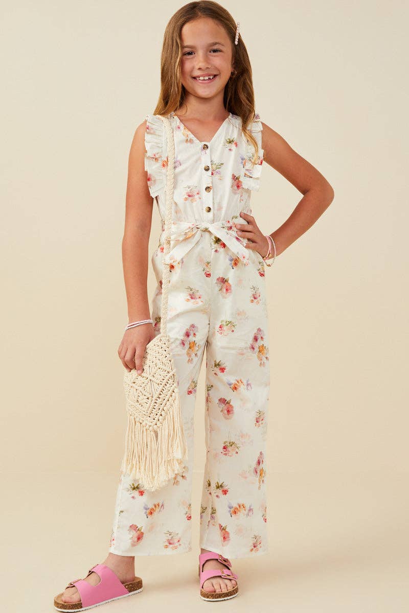 Girls Romantic Floral Belted Sleeveless Jumpsuit