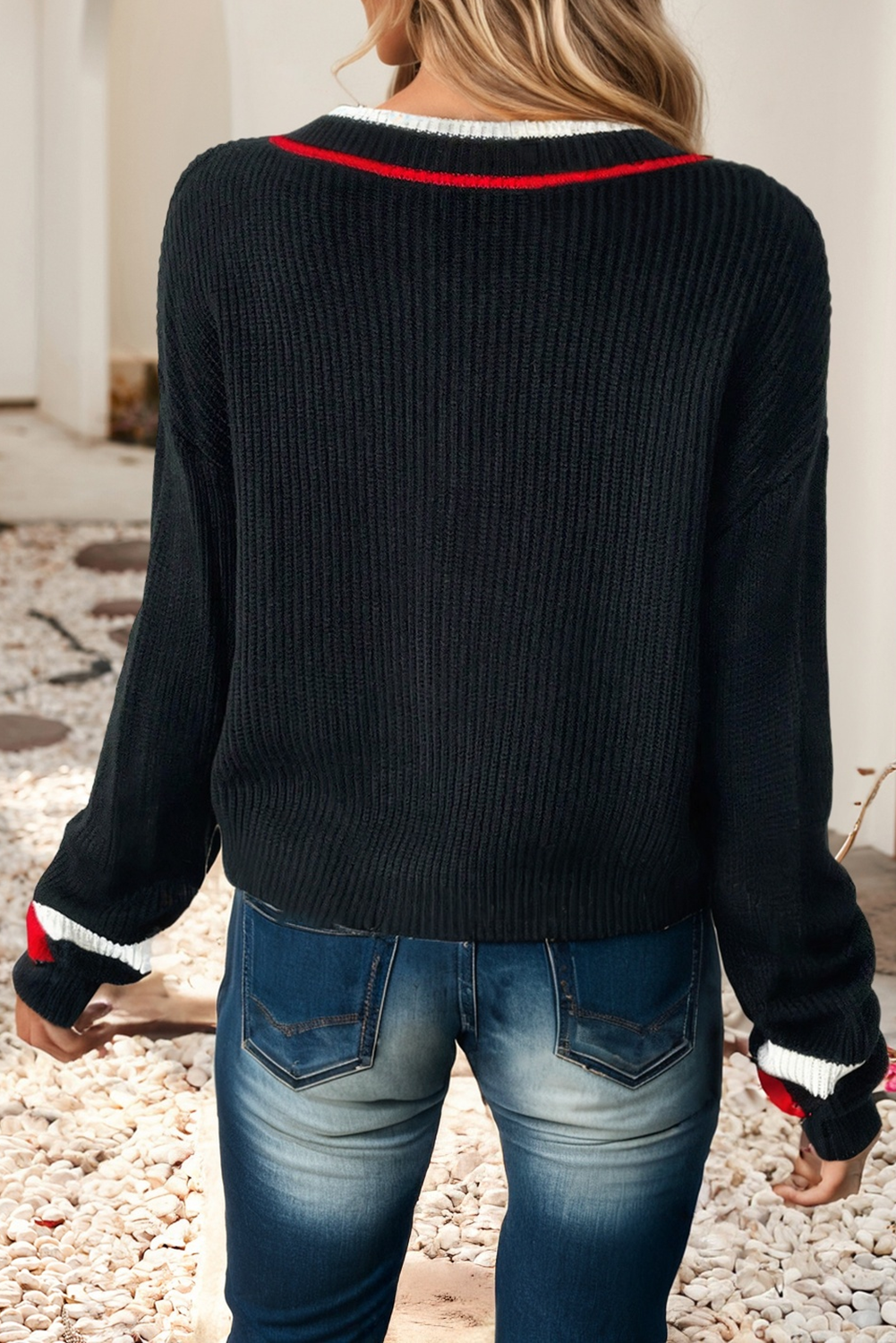 Contrast Striped Trim V Neck Drop Shoulder Sweater