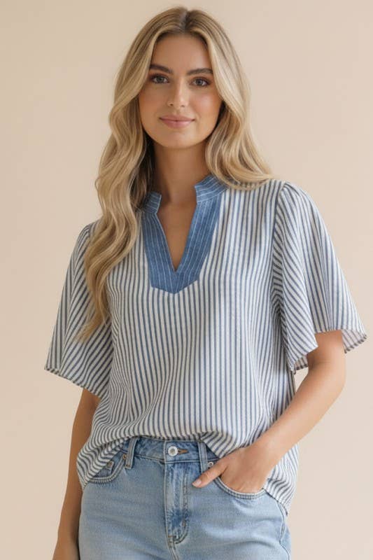 Plus Stitched Neck Band Flutter Sleeve Stripe Top