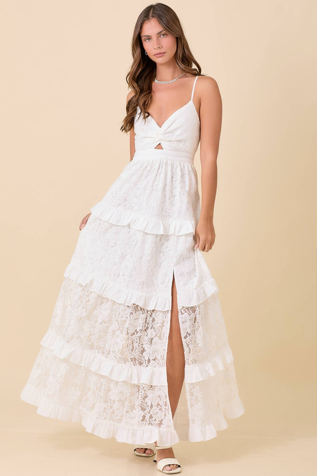 Lace Maxi Dress With Ruffle Tier And Thigh Slit