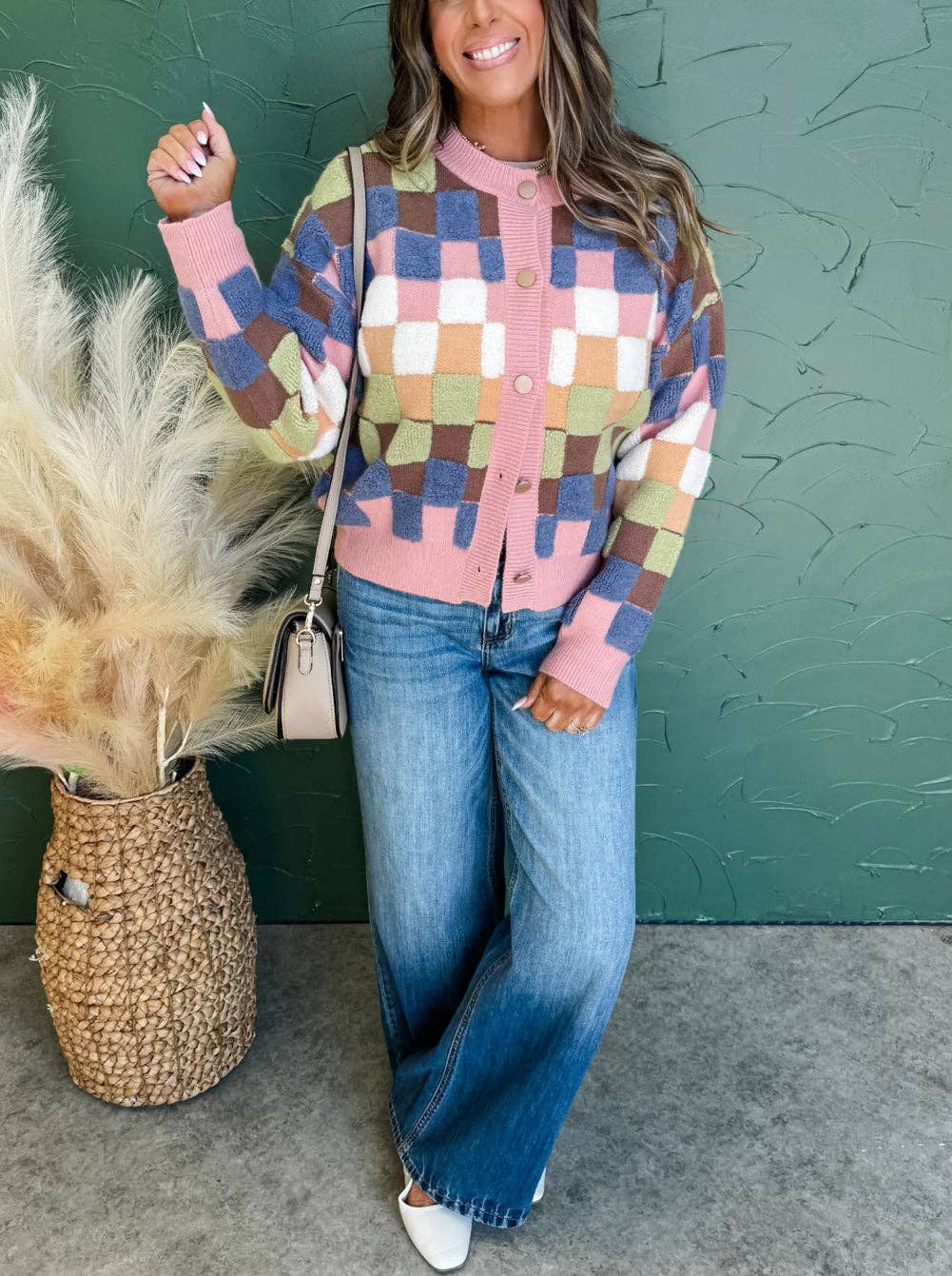 Multicolour Plush Checkered Pattern Button Front Cardigan Sweater