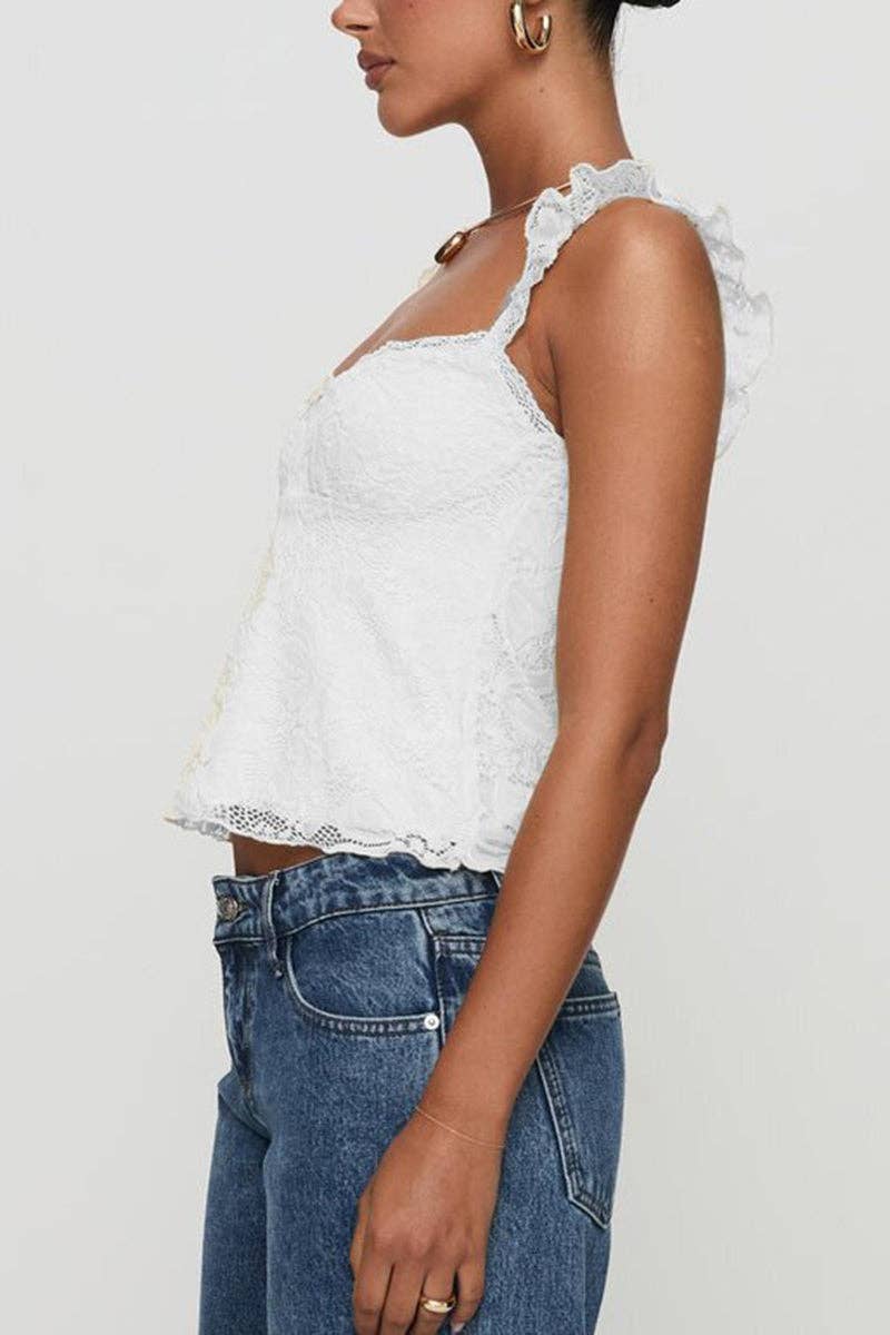 Ruffled Strap Lace Tank Top