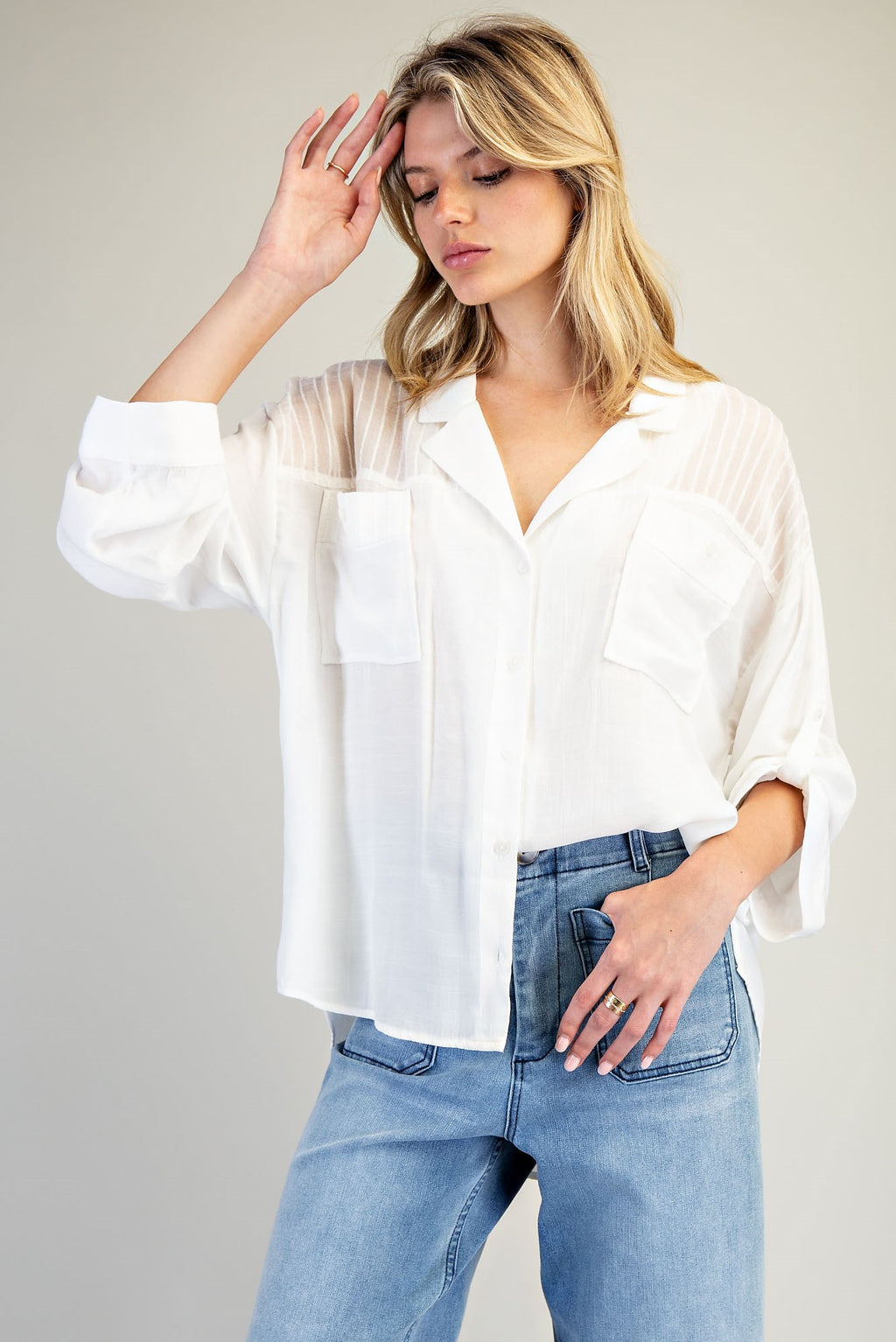 Solid Long Sleeve Button Down Top