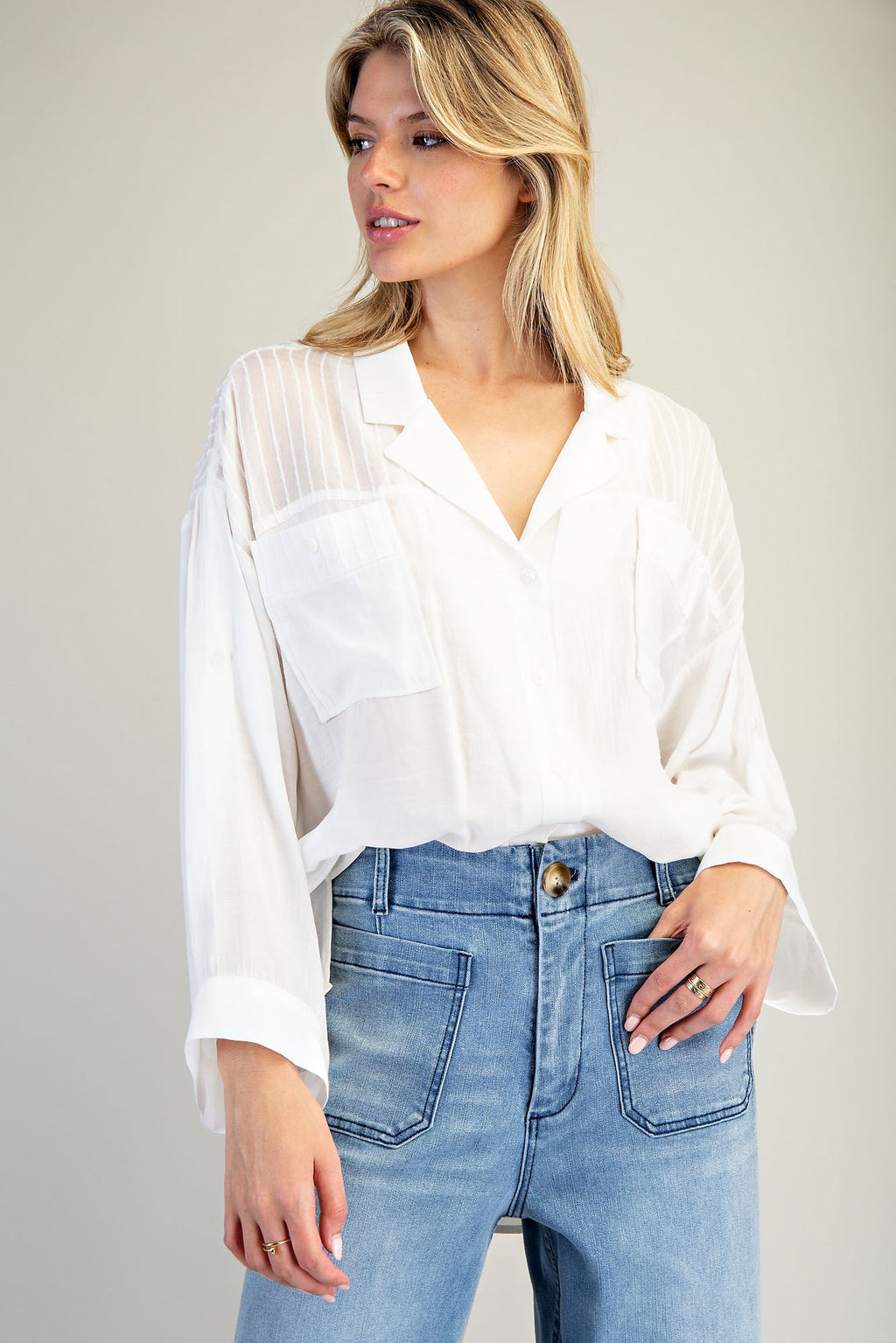 Solid Long Sleeve Button Down Top