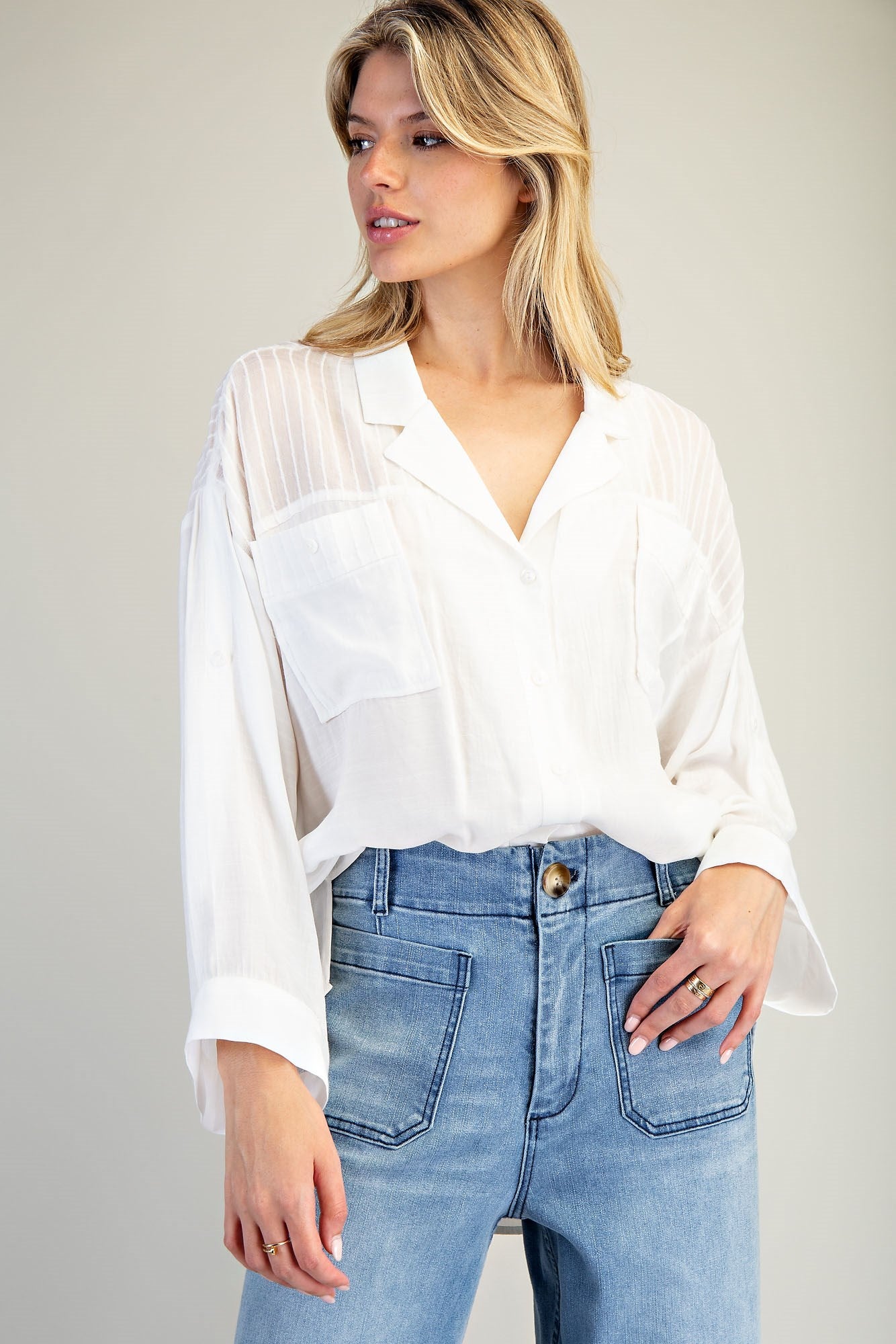 Solid Long Sleeve Button Down Top