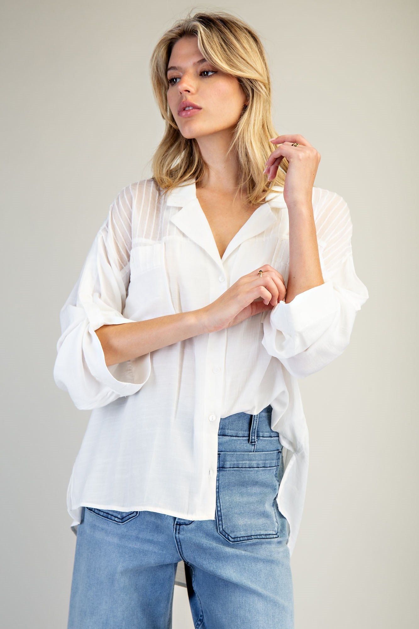Solid Long Sleeve Button Down Top