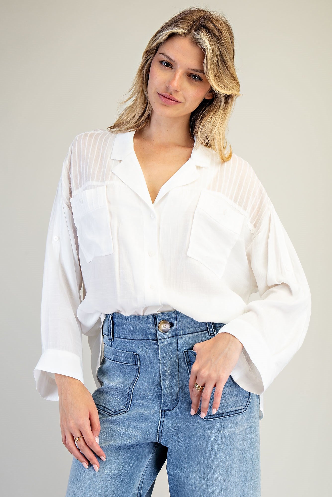Solid Long Sleeve Button Down Top