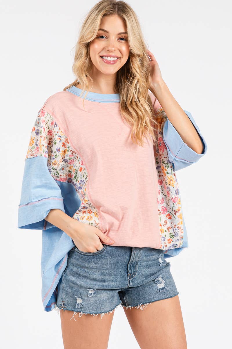 WASHED FLORAL PATCHWORK OVERSIZED CONTRAST TEE