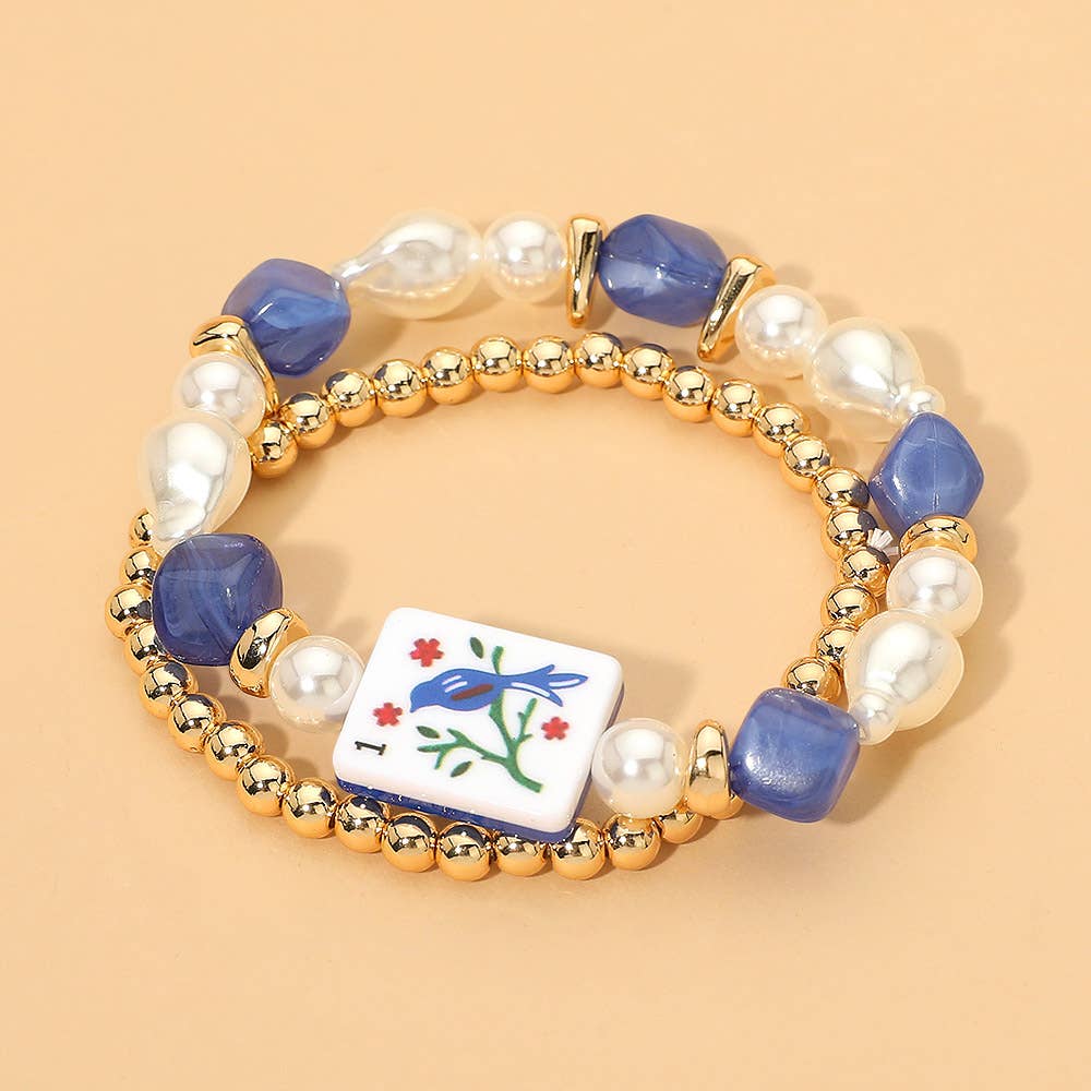 2PCS - Mahjong Tile Pearl Beaded Stretch Multi Layered Bracelets