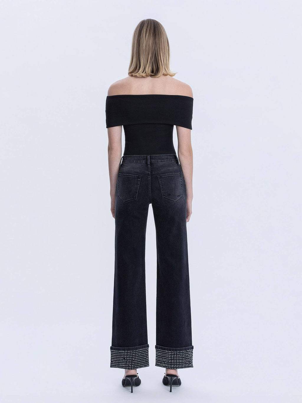 MID RISE RHINESTONE CUFFED BLACK SLIM WIDE JEANS