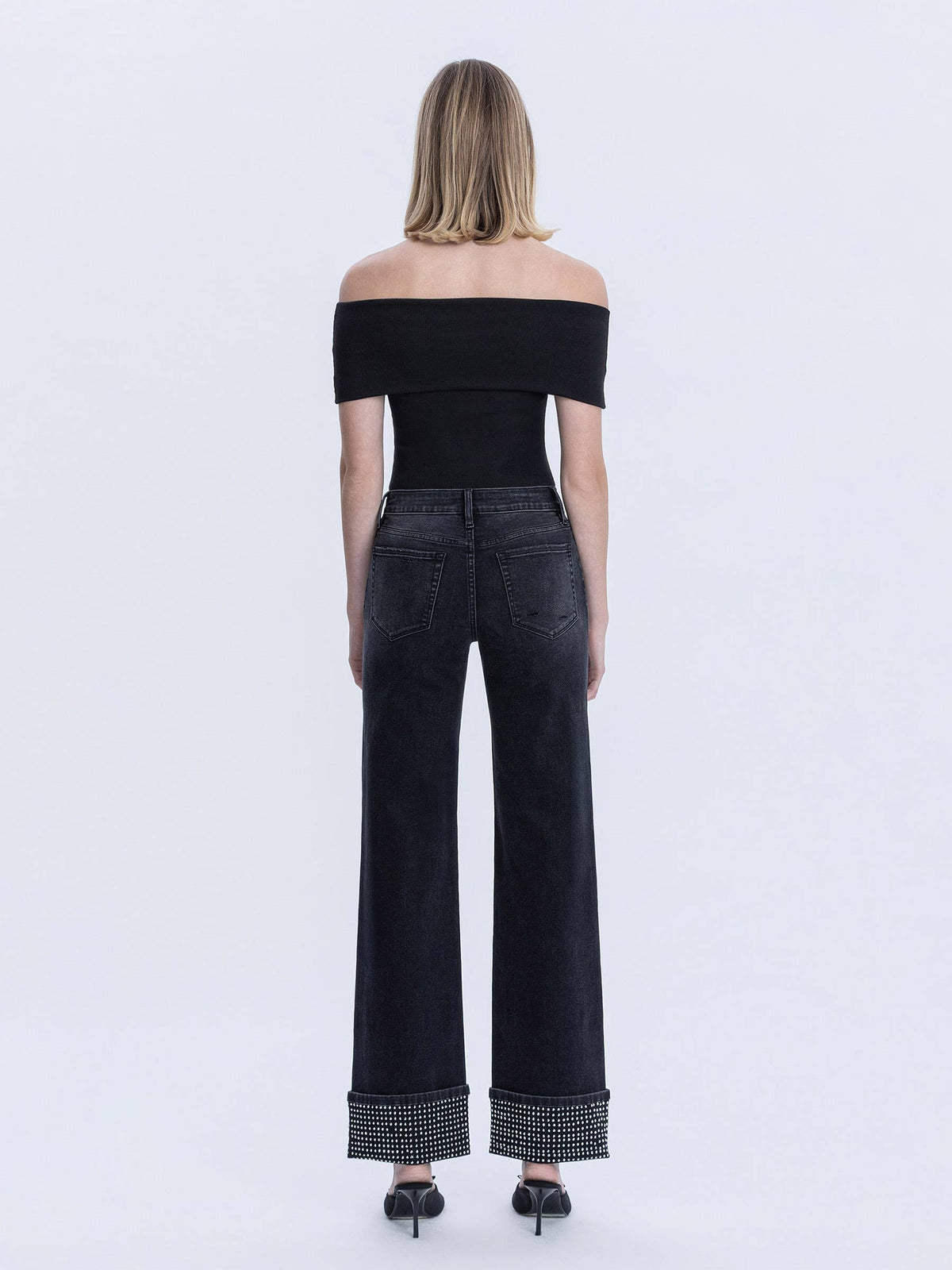 MID RISE RHINESTONE CUFFED BLACK SLIM WIDE JEANS