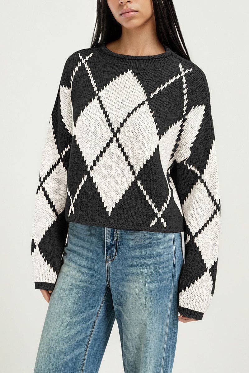 Argyle Knit Crew Neck Sweater